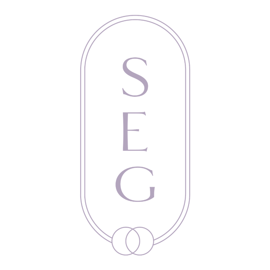 Minimalist logo design featuring the letters SEG in purple within an oval frame.