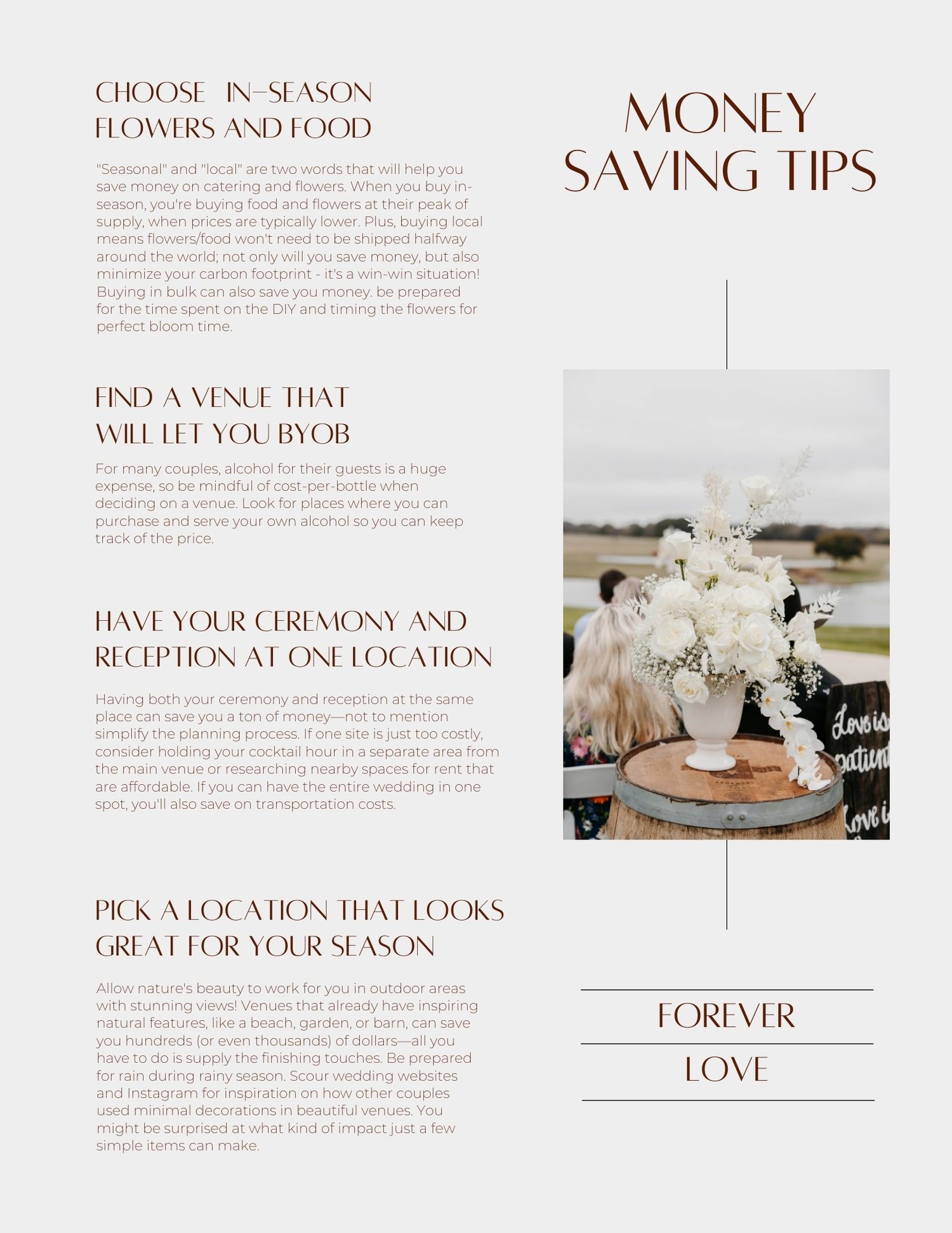 Wedding planning tips and advice layout with white text on beige background next to floral centerpiece image.