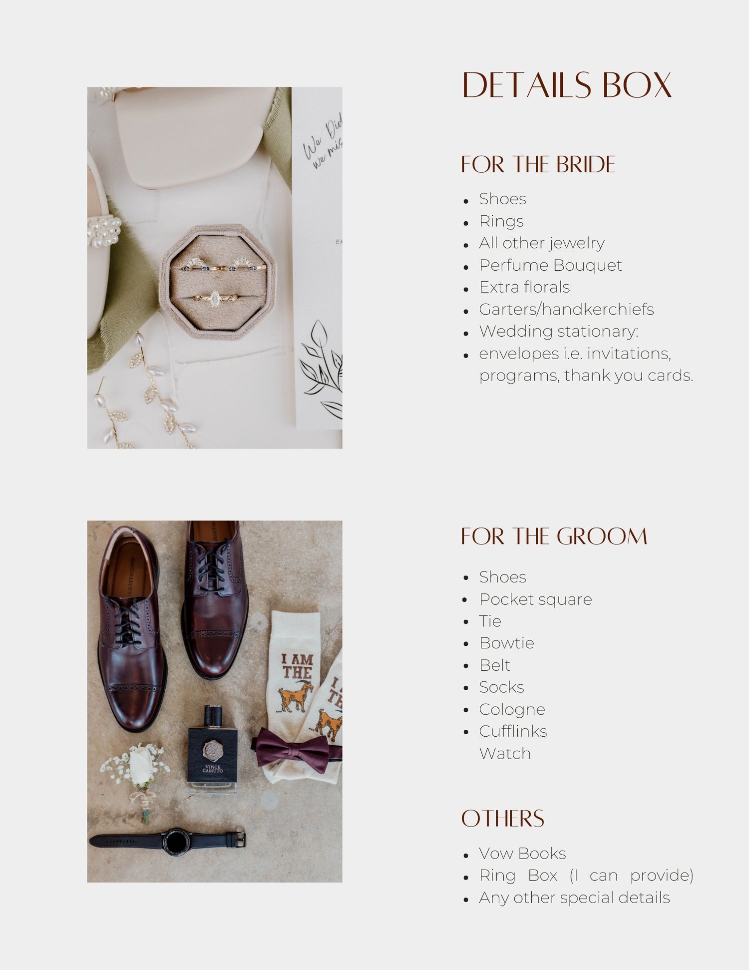 A wedding details flatlay featuring invitation cards, shoes, jewelry box, and other elegant bridal accessories in neutral tones.