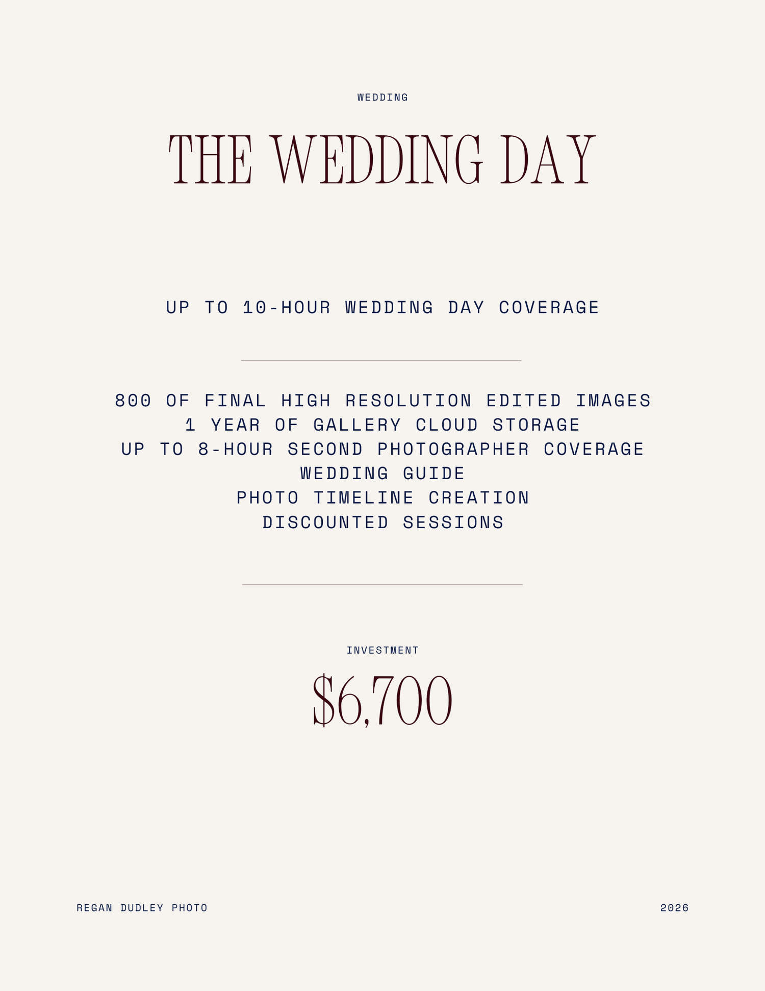 A minimalist wedding photography price list showing packages and services with elegant typography on a white background.