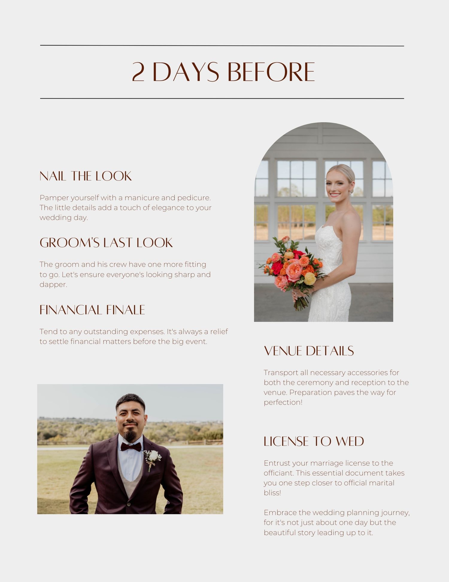 A wedding planning timeline document shows sections for '2 Days Before' and other preparation details with photos.