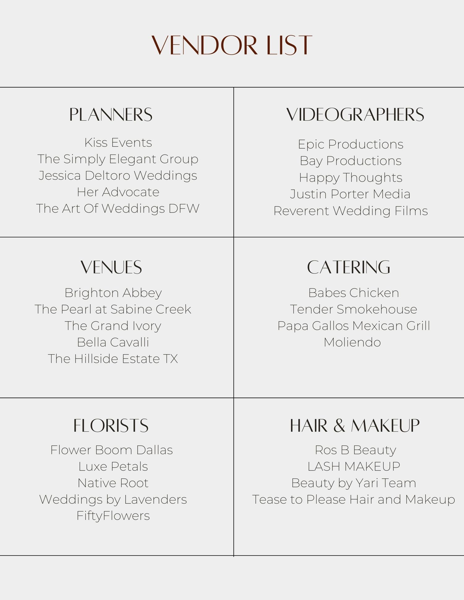 A wedding vendor list layout showing categories like venues, planners, videographers, and florists in elegant typography.