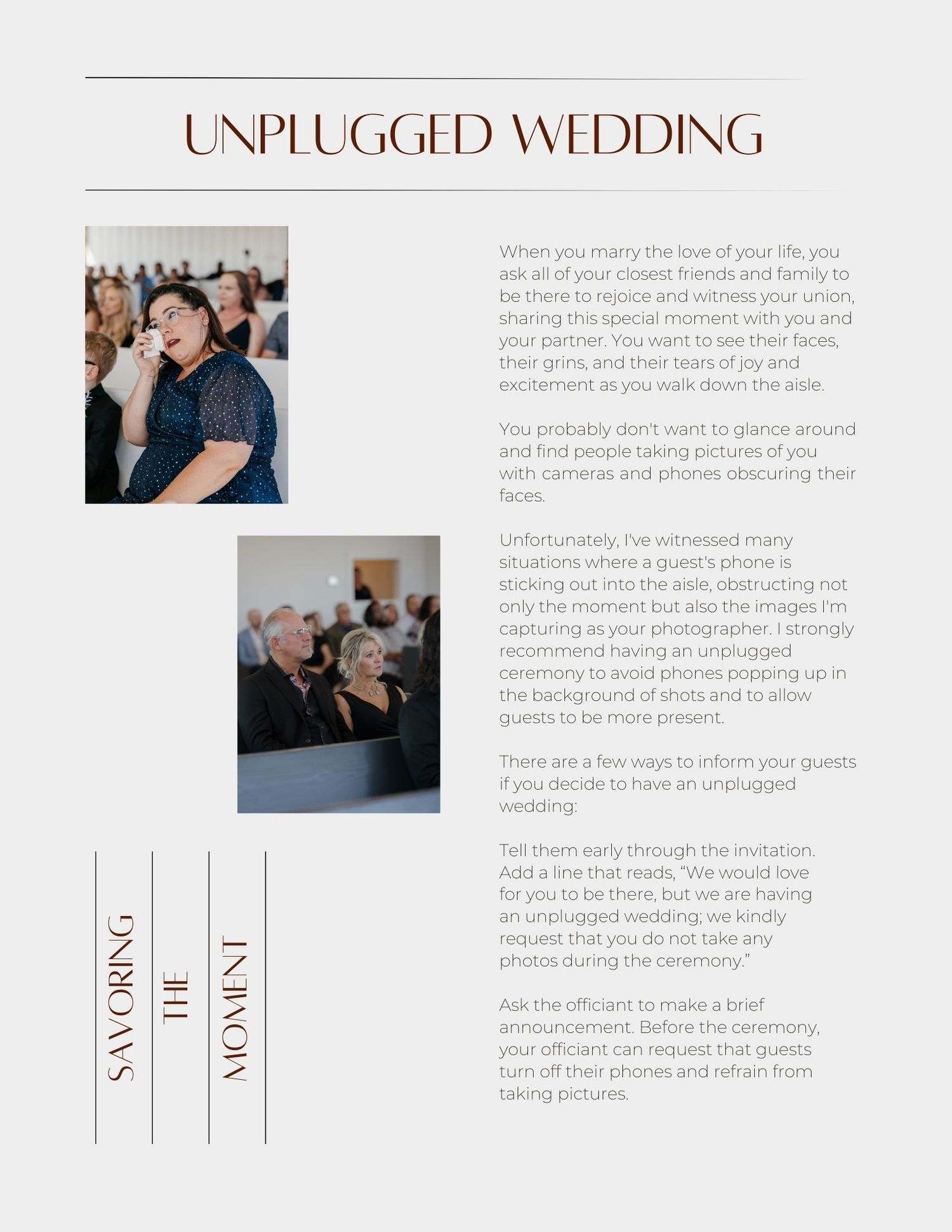 A page layout from a wedding album titled 'Unplugged Wedding' featuring two candid photos and text blocks.