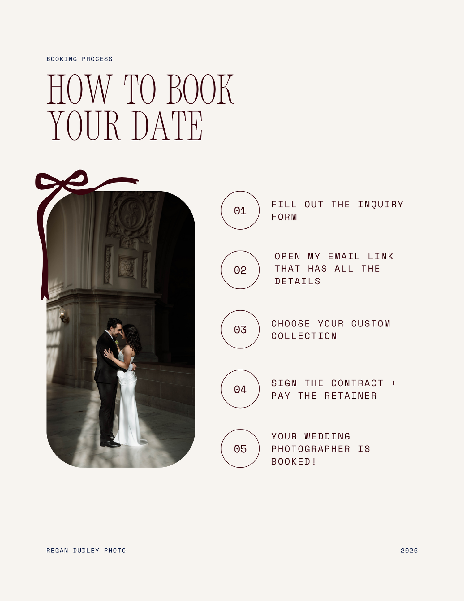 Wedding photography booking process steps shown in minimalist graphic design with couple silhouette in cathedral setting.