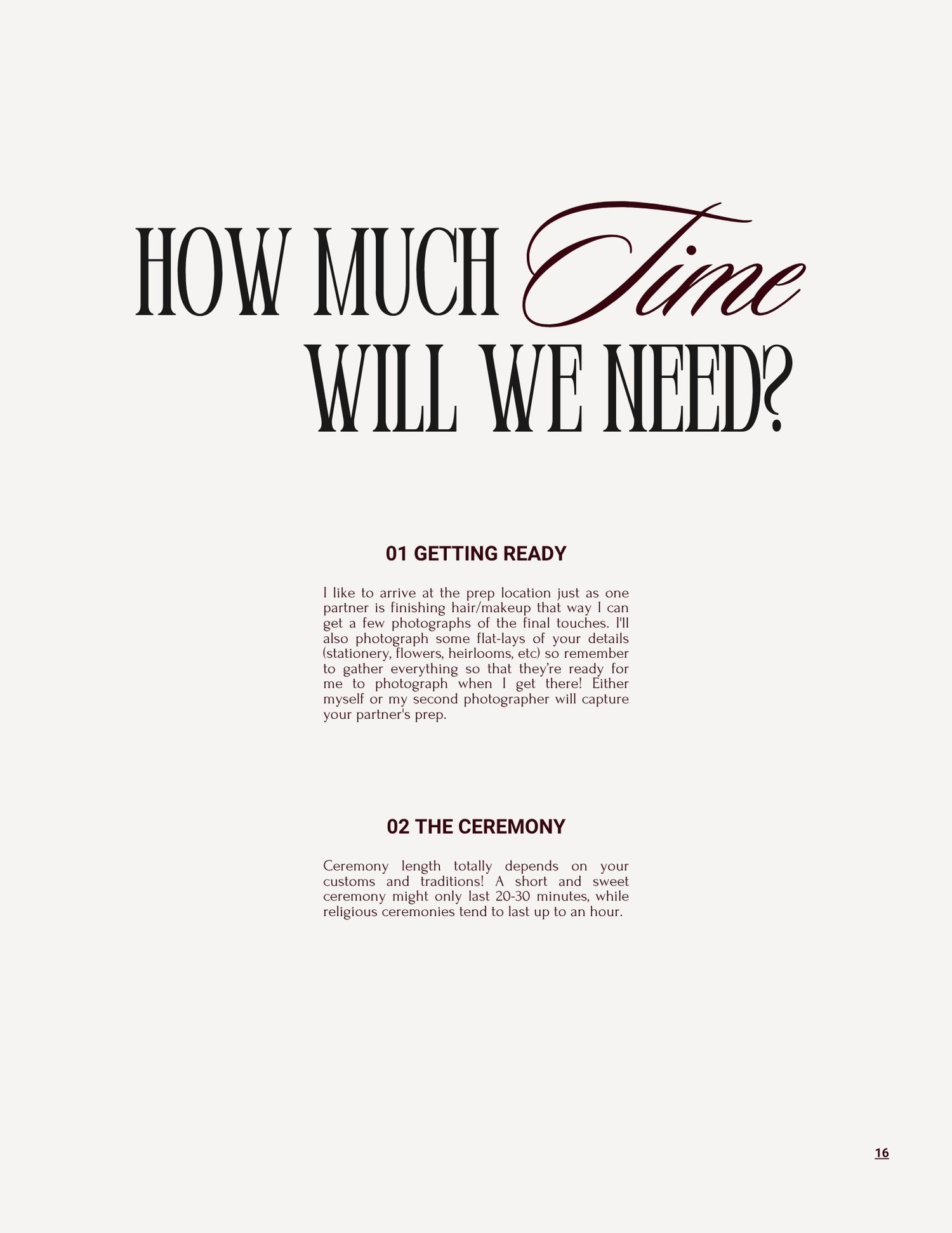 Wedding photography guide page titled How Much Time Will We Need with sections on getting ready and the ceremony.