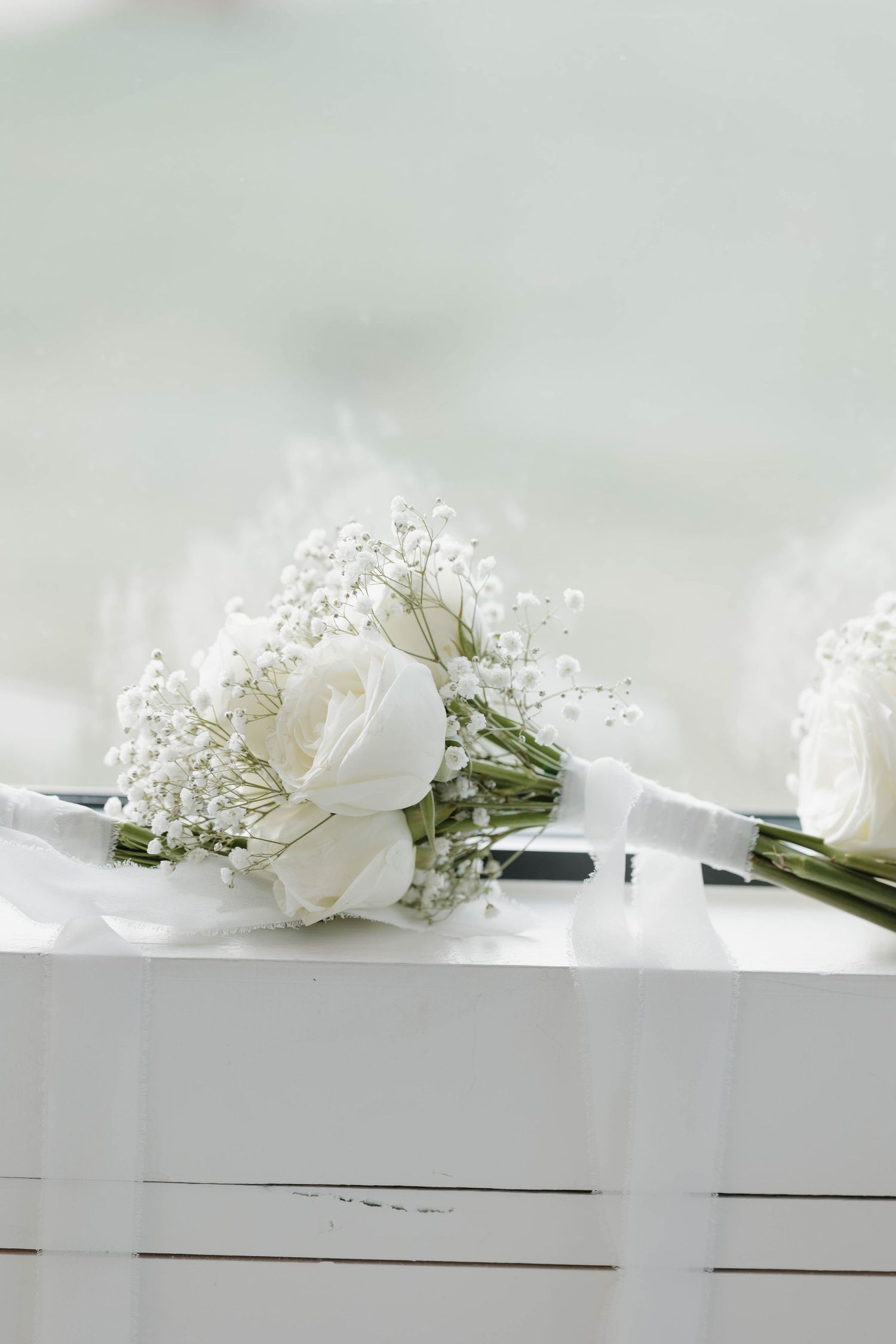 White roses and baby's breath boutonnieres with delicate ribbons rest on a white surface.
