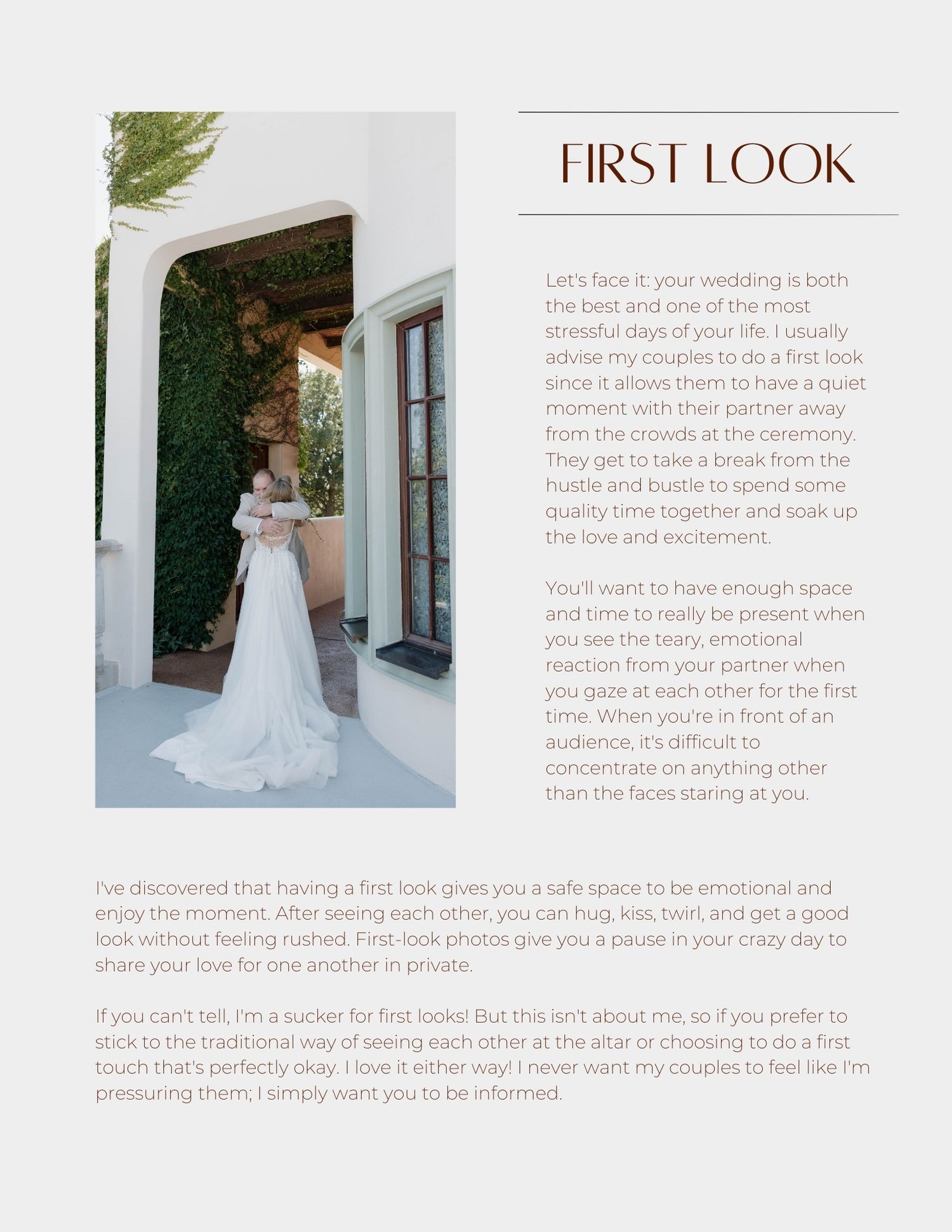 A bridal gown layout showing multiple photos of a wedding dress with descriptive text and romantic styling.