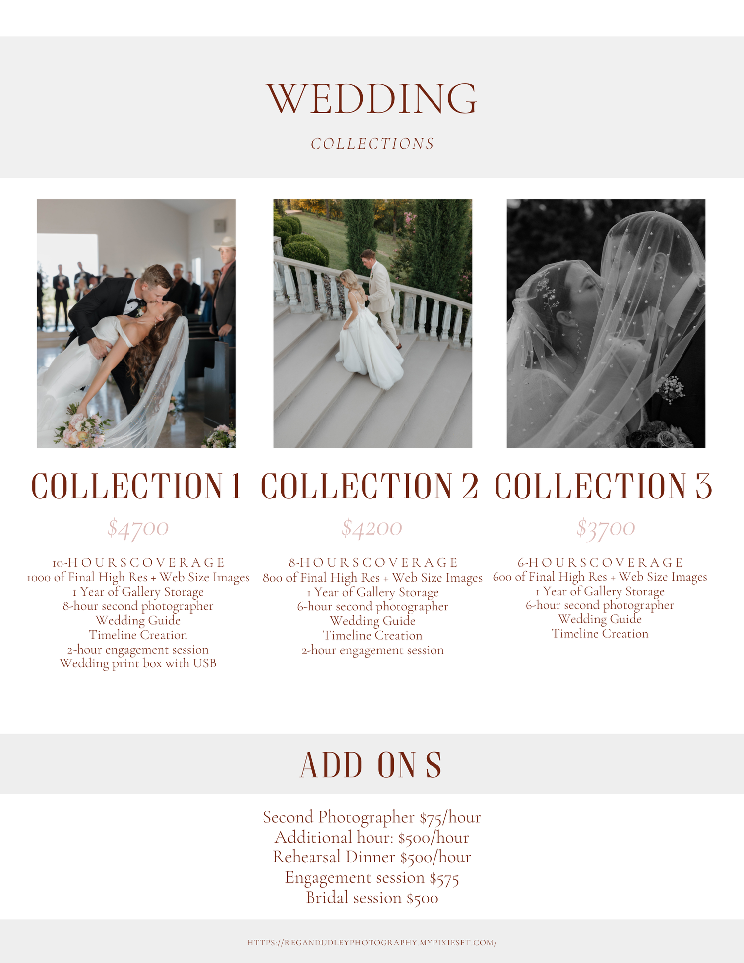Wedding photography collections showcase featuring three elegant bridal photoshoot samples with price packages and add-ons.