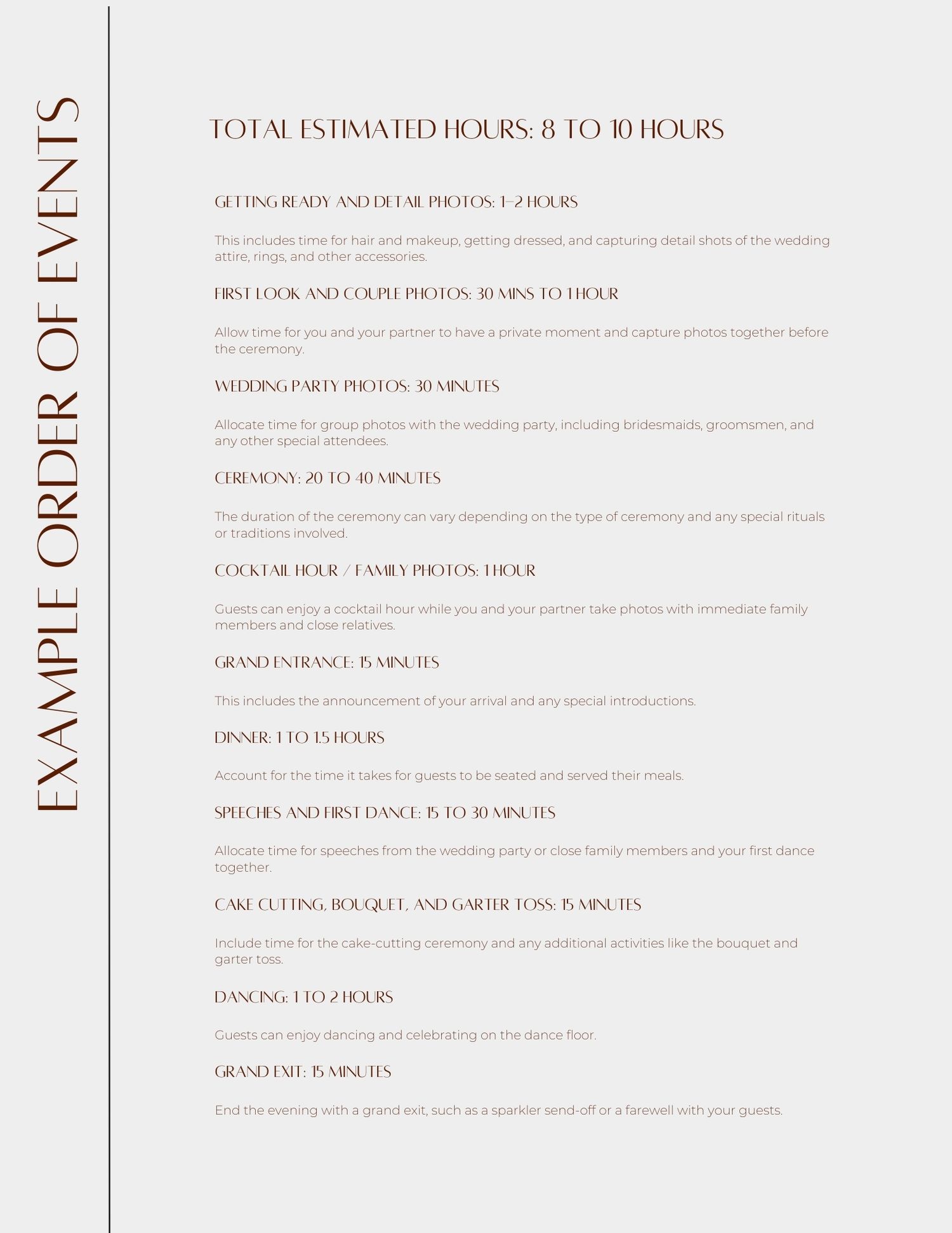 A minimalist menu design with burgundy text showing estimated hours and pricing details on a light background.