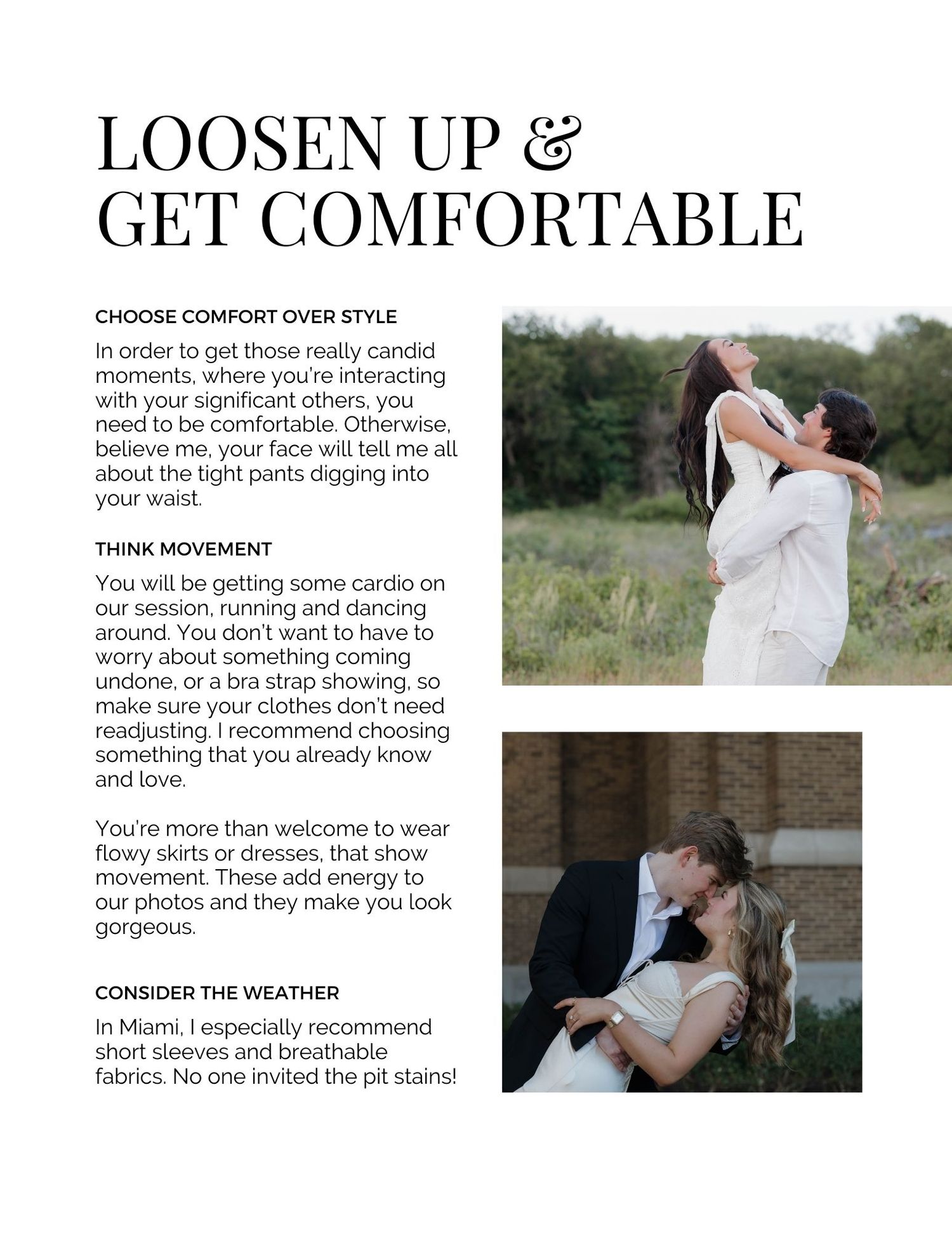 Editorial spread about getting comfortable during photo sessions with romantic outdoor examples.