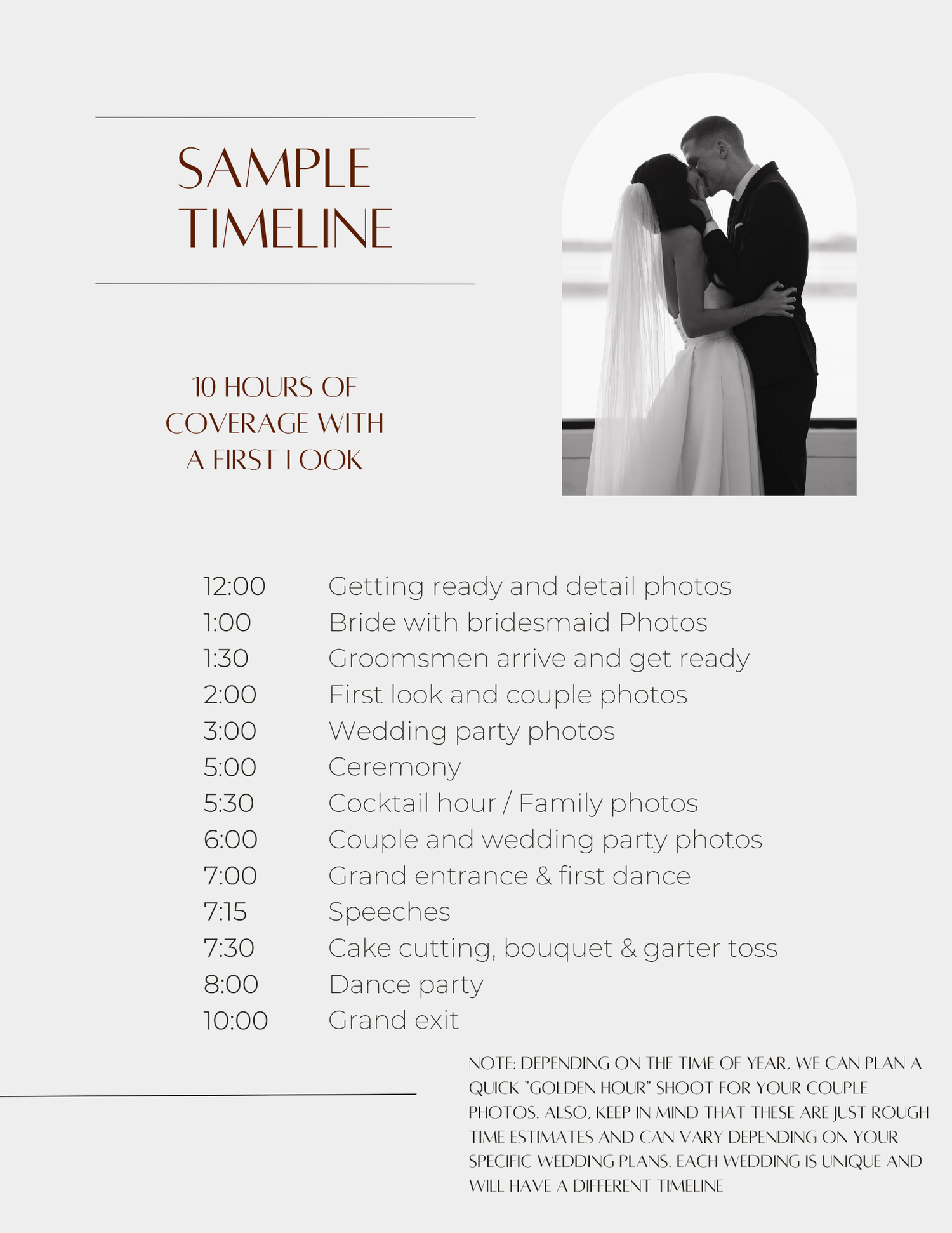 Sample wedding day timeline schedule showing key events from getting ready through reception.