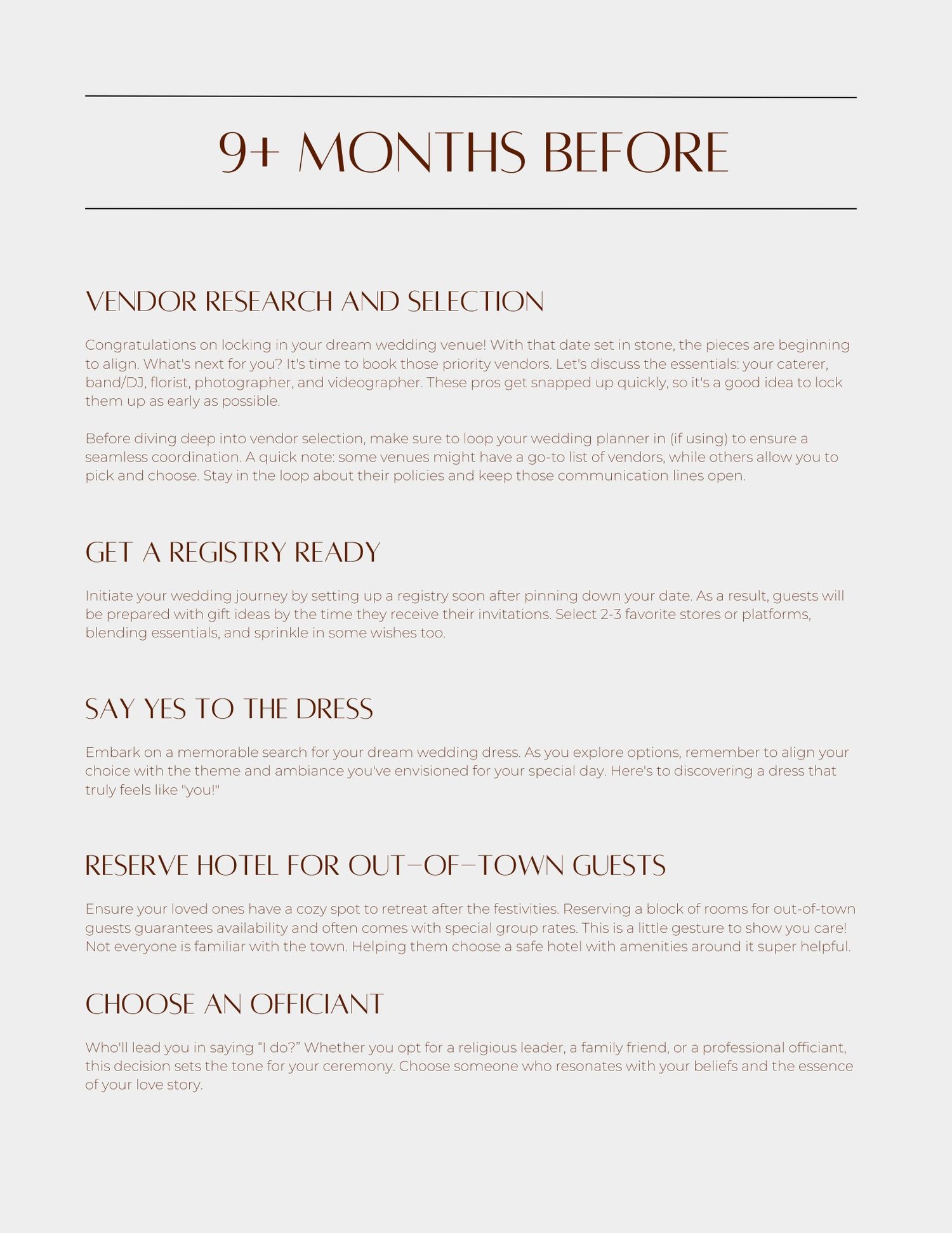 Wedding planning timeline page showing text sections about vendor research and selection against a white background.