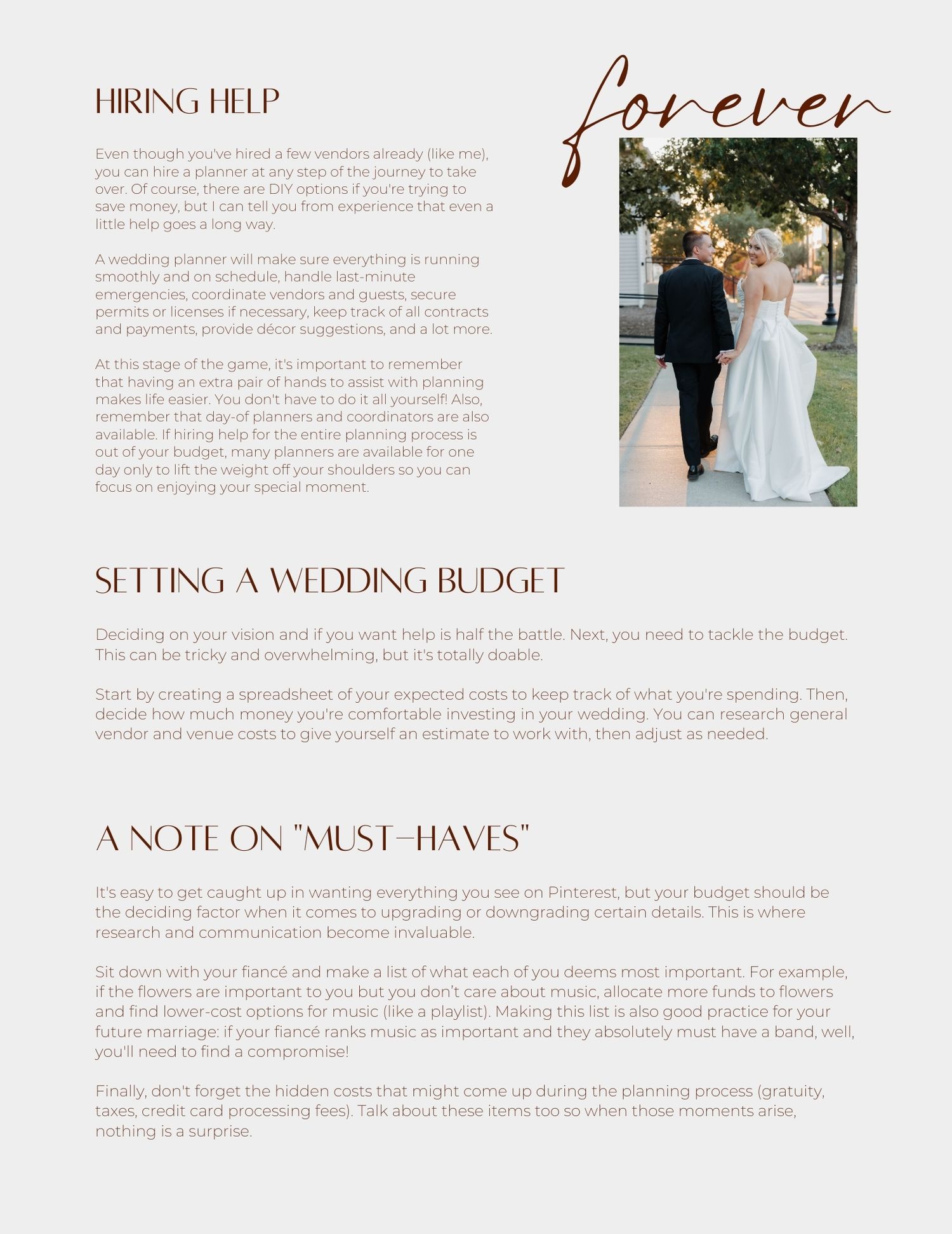 A wedding planning guide page showing sections about budgeting, hiring help, and must-haves with decorative text.
