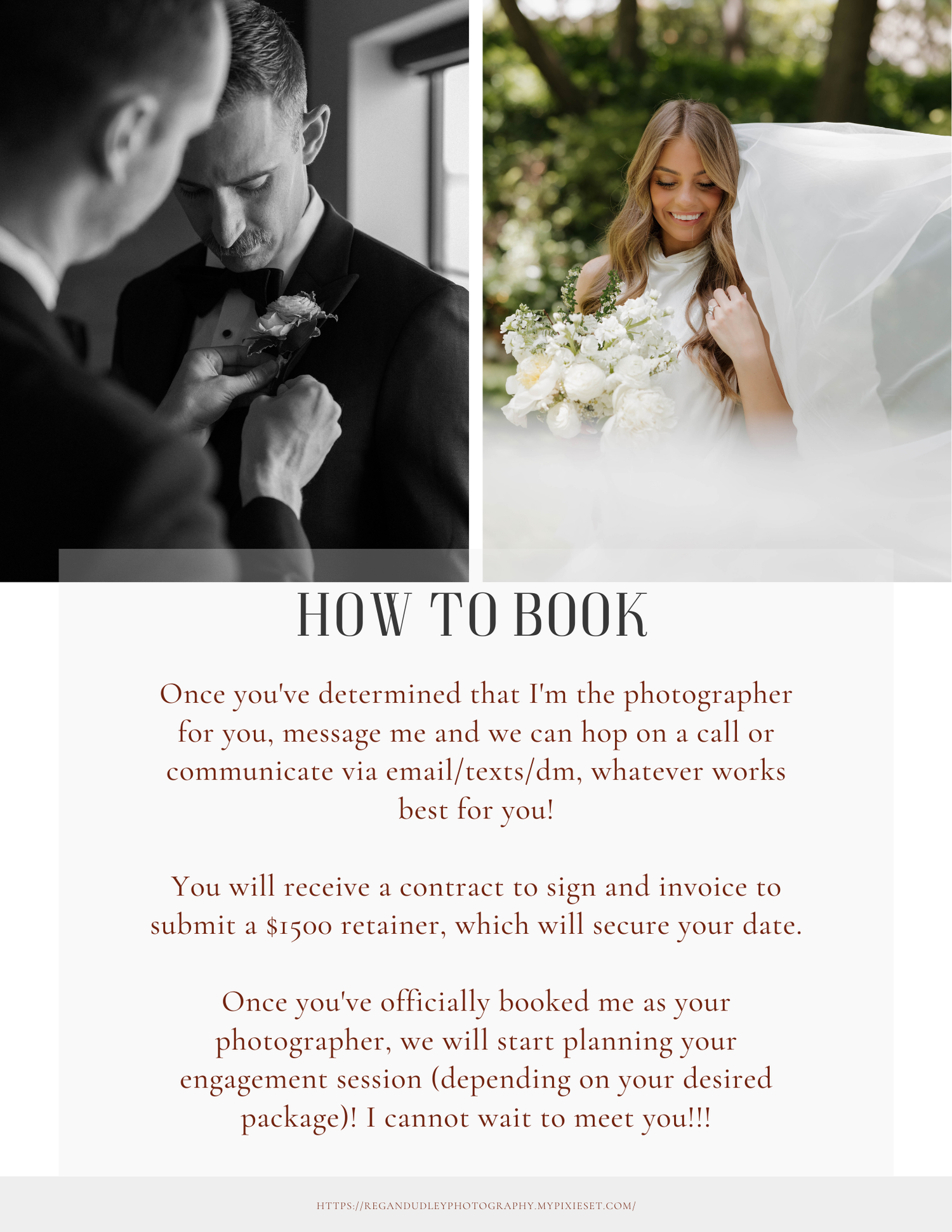 A booking information page layout with two wedding photos and step-by-step instructions.