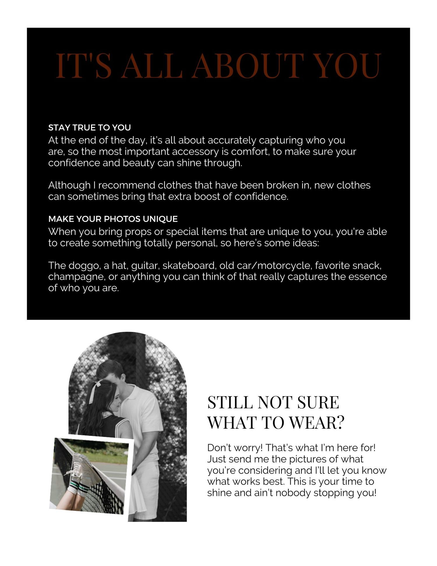 Black style guide page discussing personalization in photography with vintage motorcycle image.