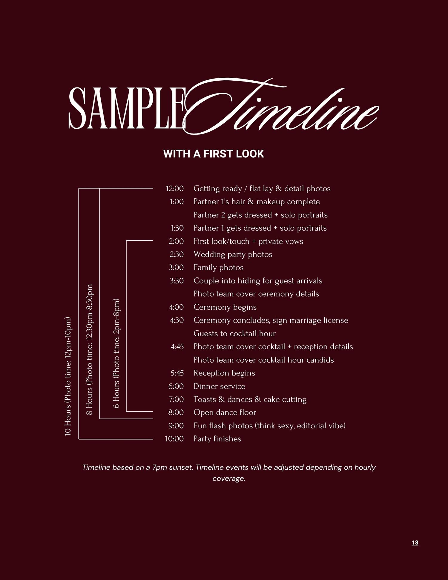 Sample wedding timeline infographic with a first look schedule from getting ready at 12PM to party finishes at 10PM.