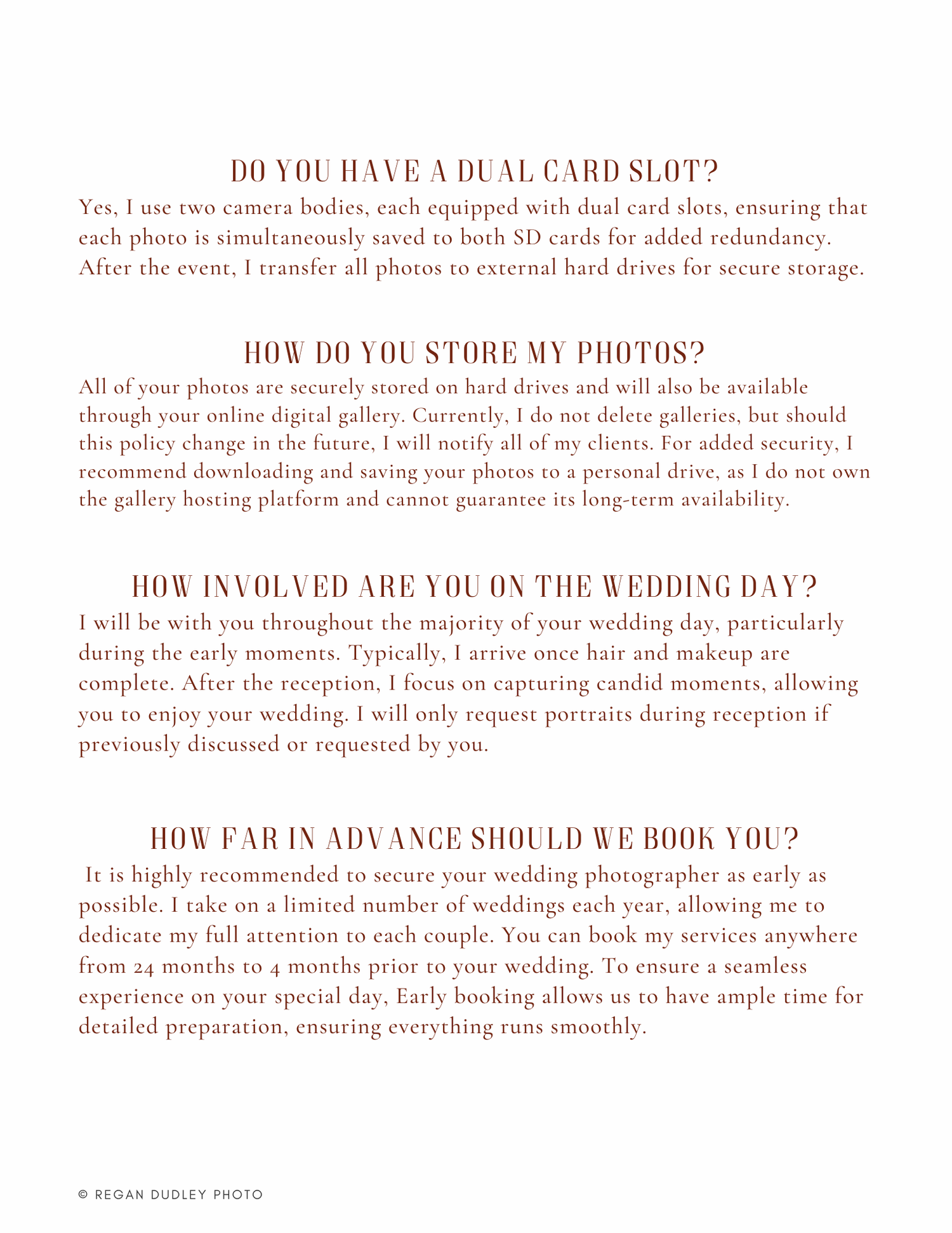 Wedding photographer FAQ page showing details about dual card slots and shooting style.