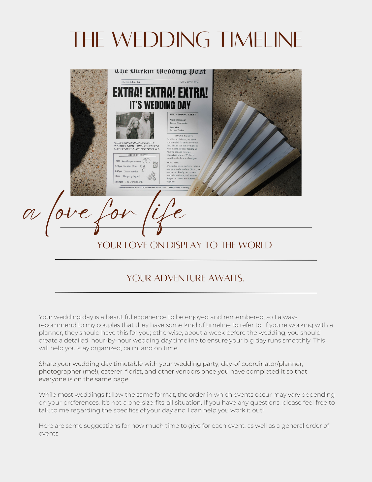 Wedding timeline template with decorative typography and newspaper clipping accents.