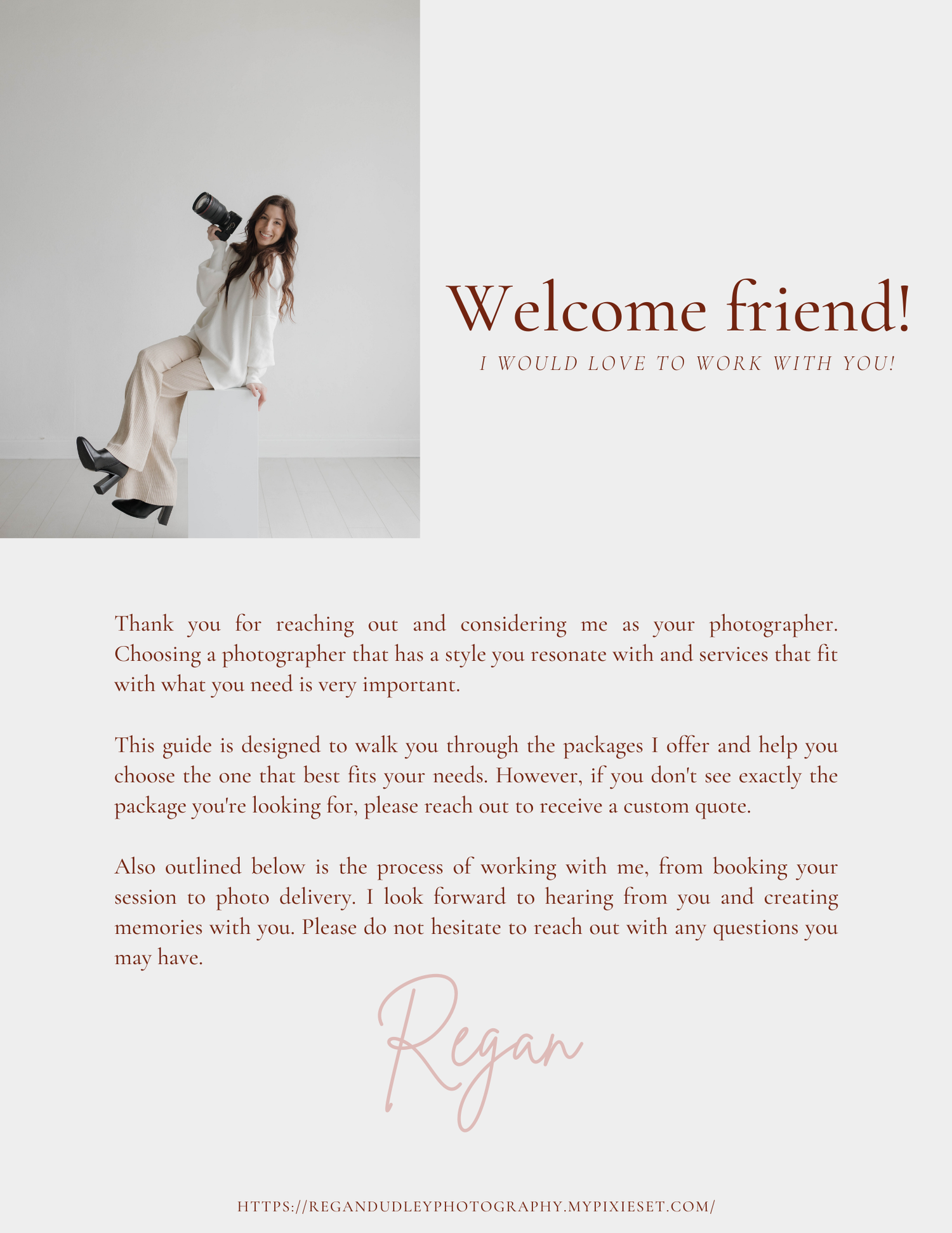 A welcome page design featuring photography business information and friendly greeting text.