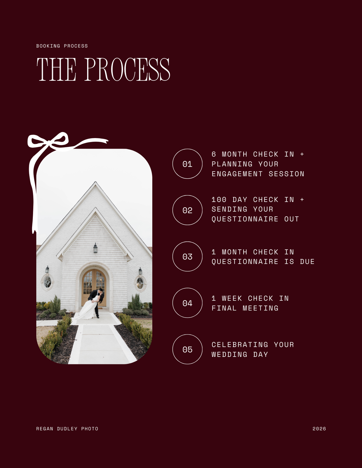 A wedding planning process timeline infographic with four steps shown against a dark burgundy background.
