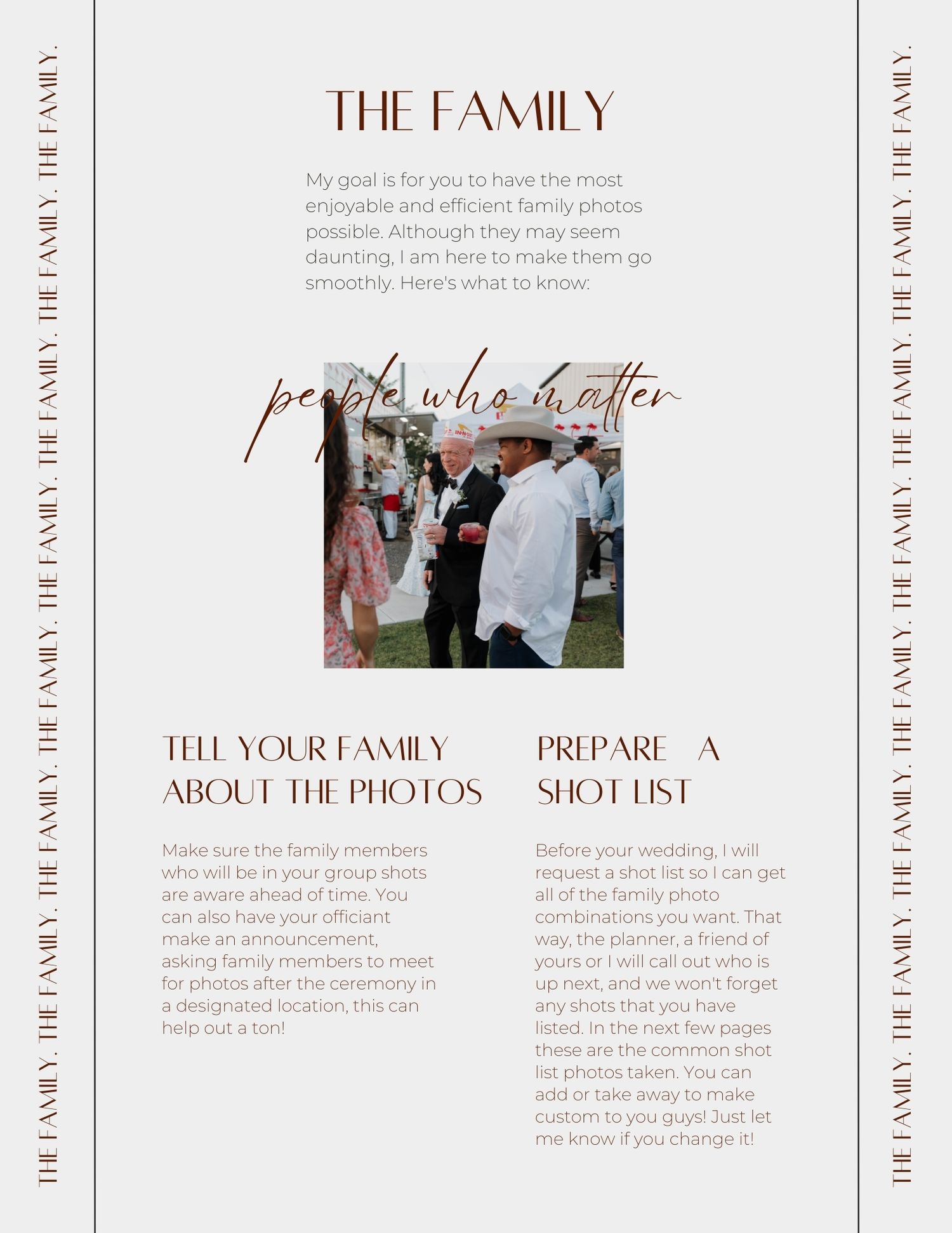 Wedding photography guide page showing text about family photos and a soft pink and white layout design.