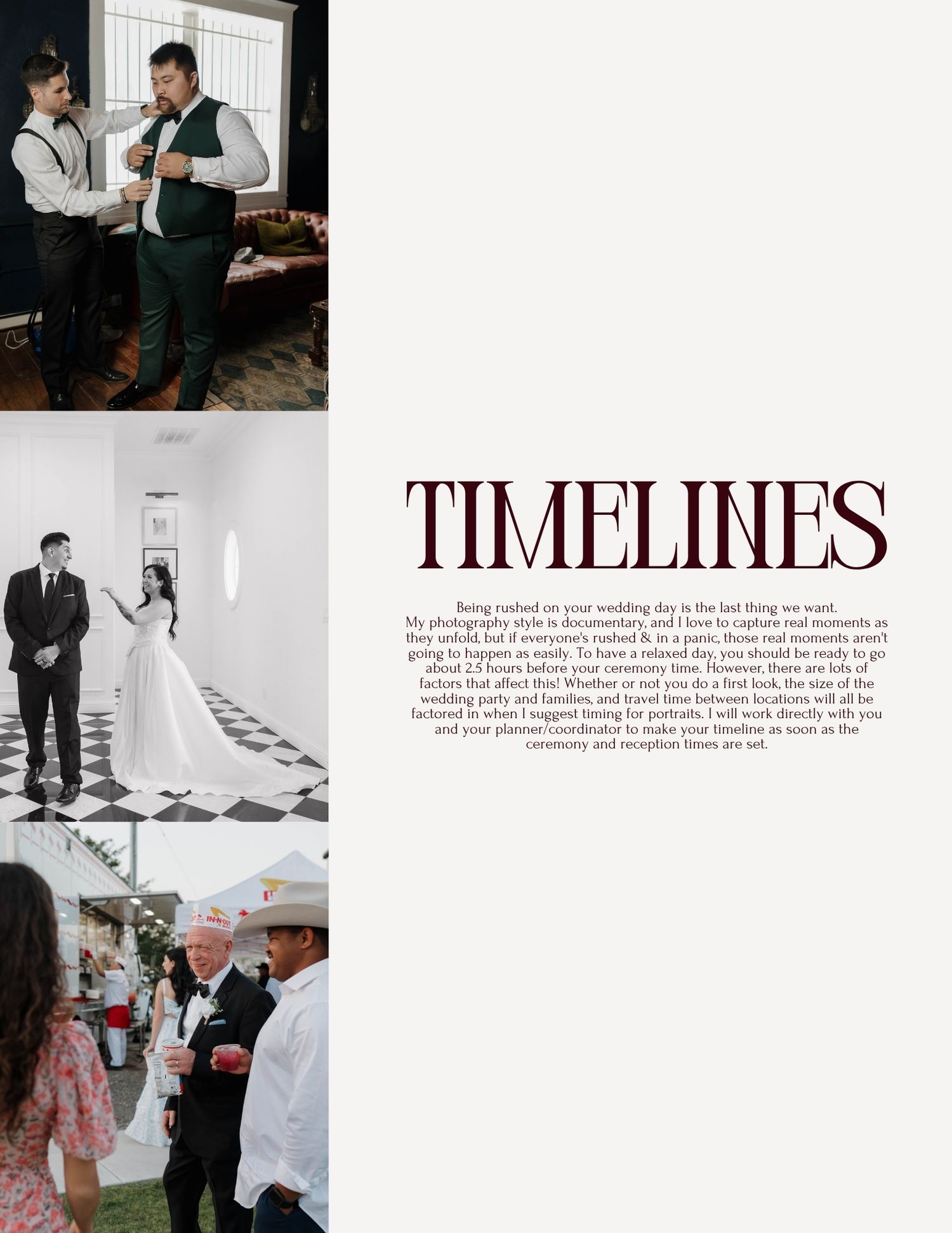Wedding timeline layout featuring couples in formal attire, bridal party moments, and elegant venue shots.