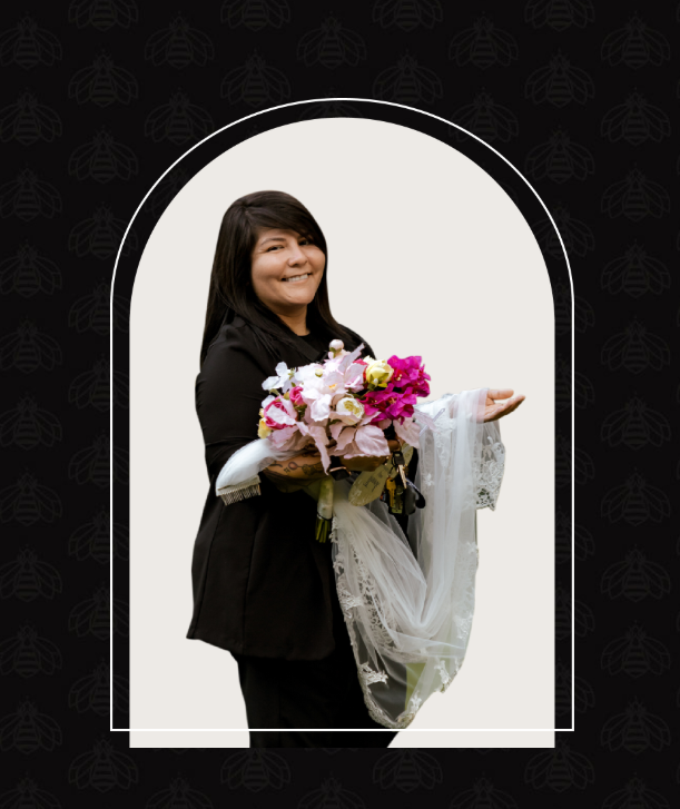 A sequence of images showing someone in black clothing holding a bouquet of pink and white flowers against a dark background.