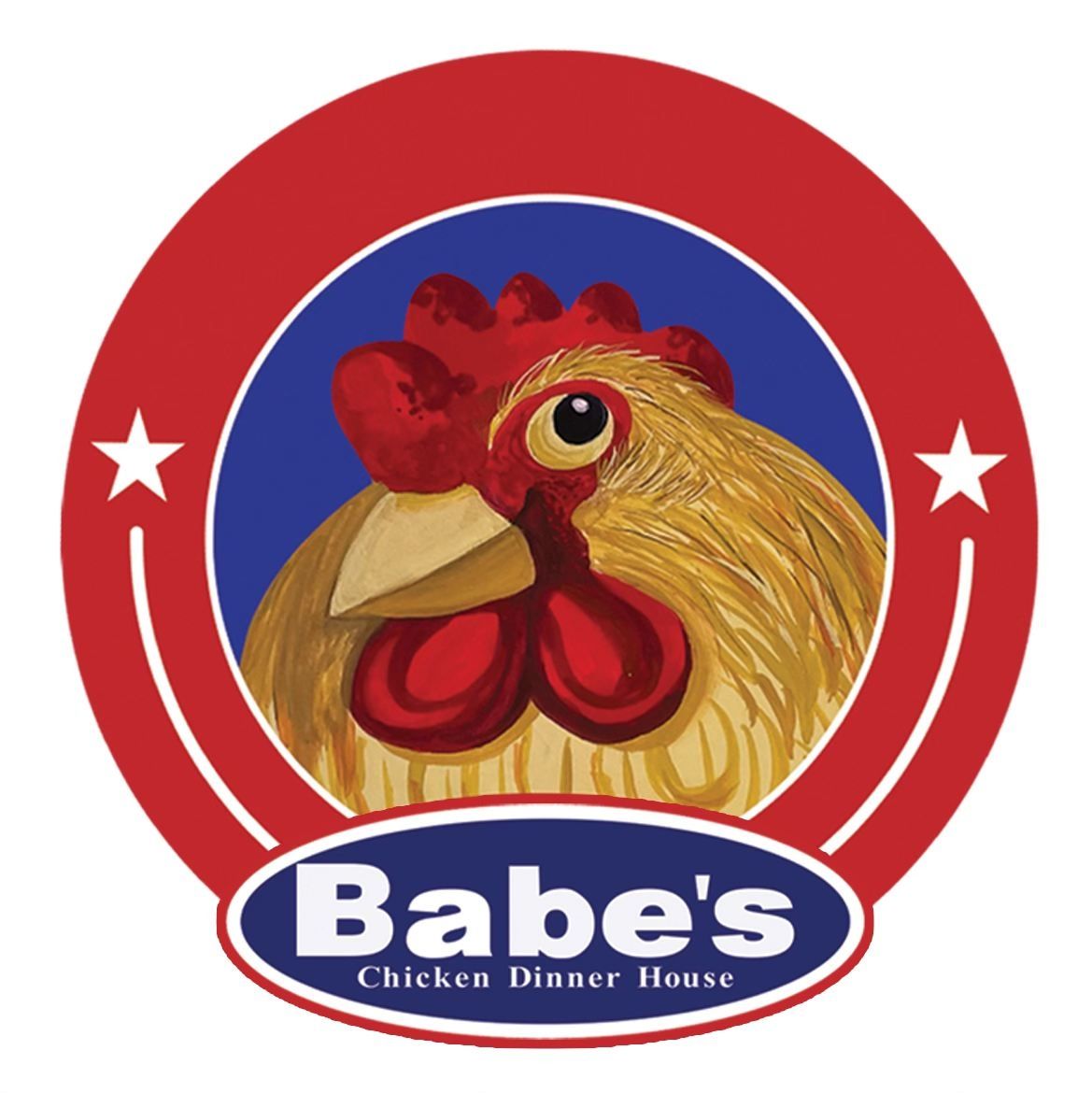Babe's Chicken Dinner House logo featuring a cartoon rooster head in red and blue circular emblem.