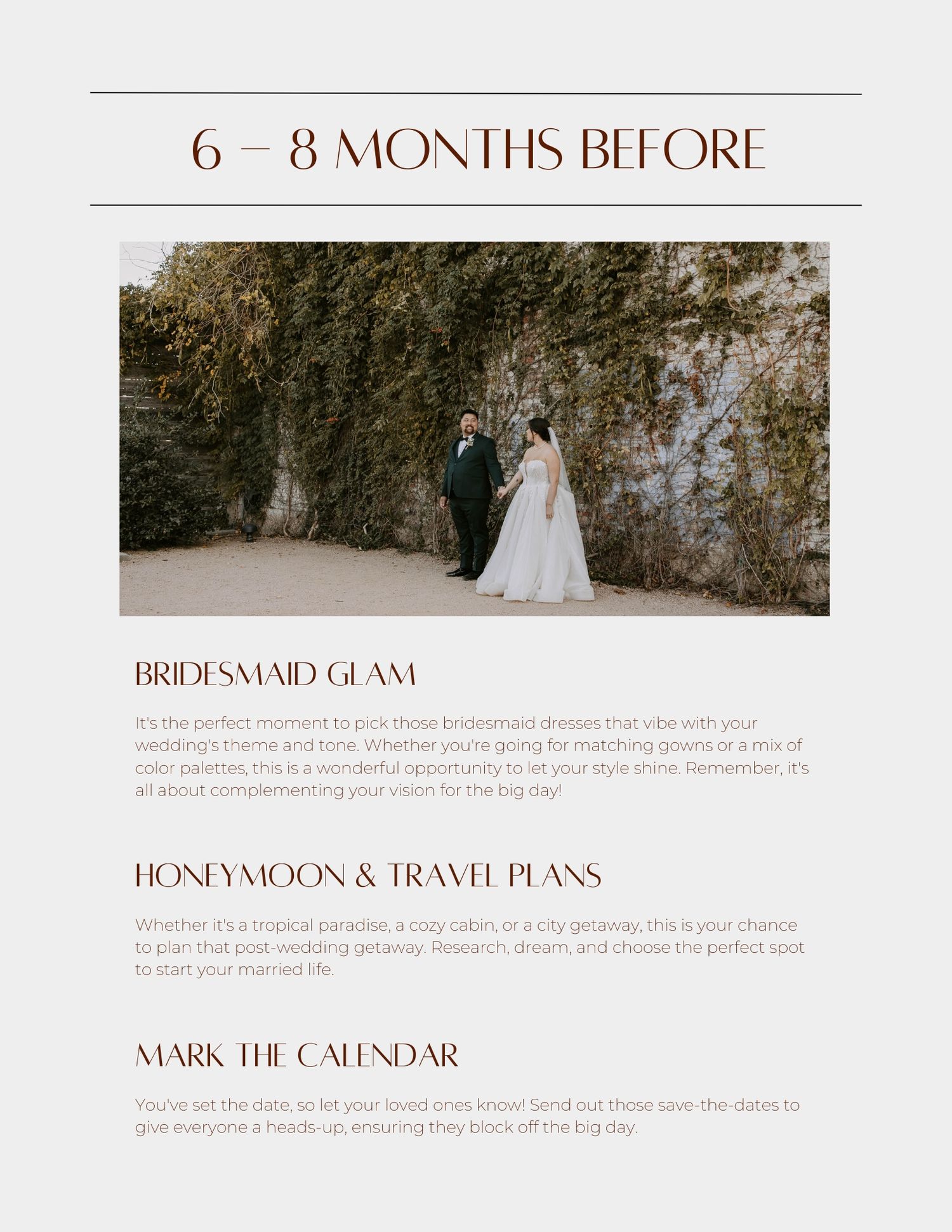 A wedding planning timeline graphic showing key milestones from 6-8 months before the big day.