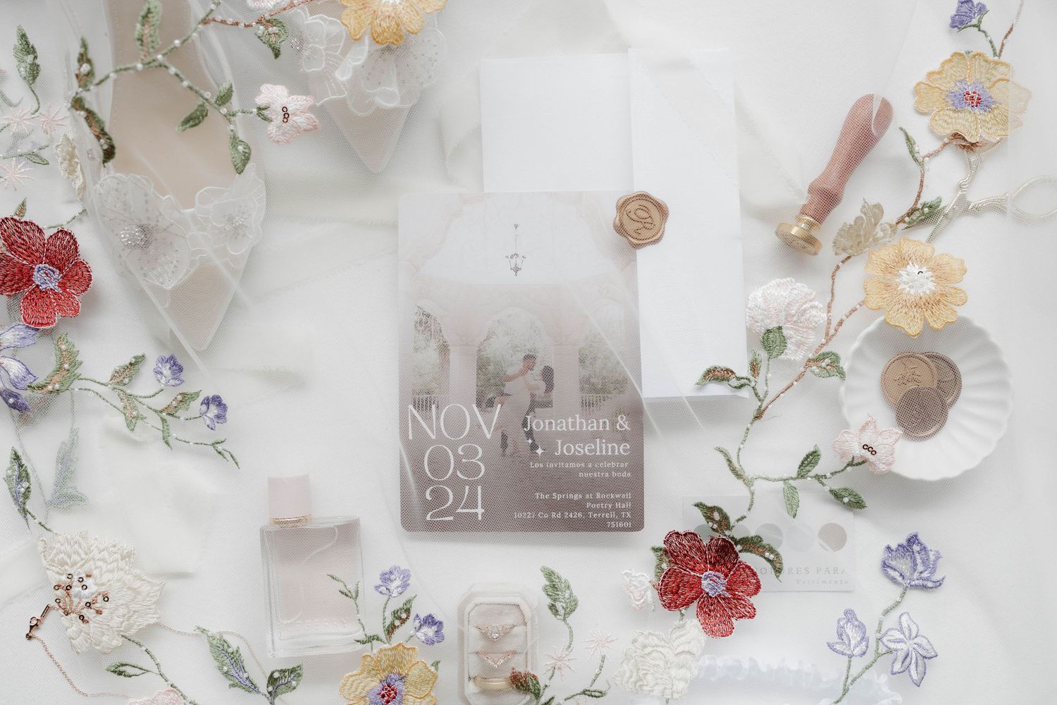 Delicate floral-themed background collage with soft white orchids, botanical illustrations, and vintage paper elements.