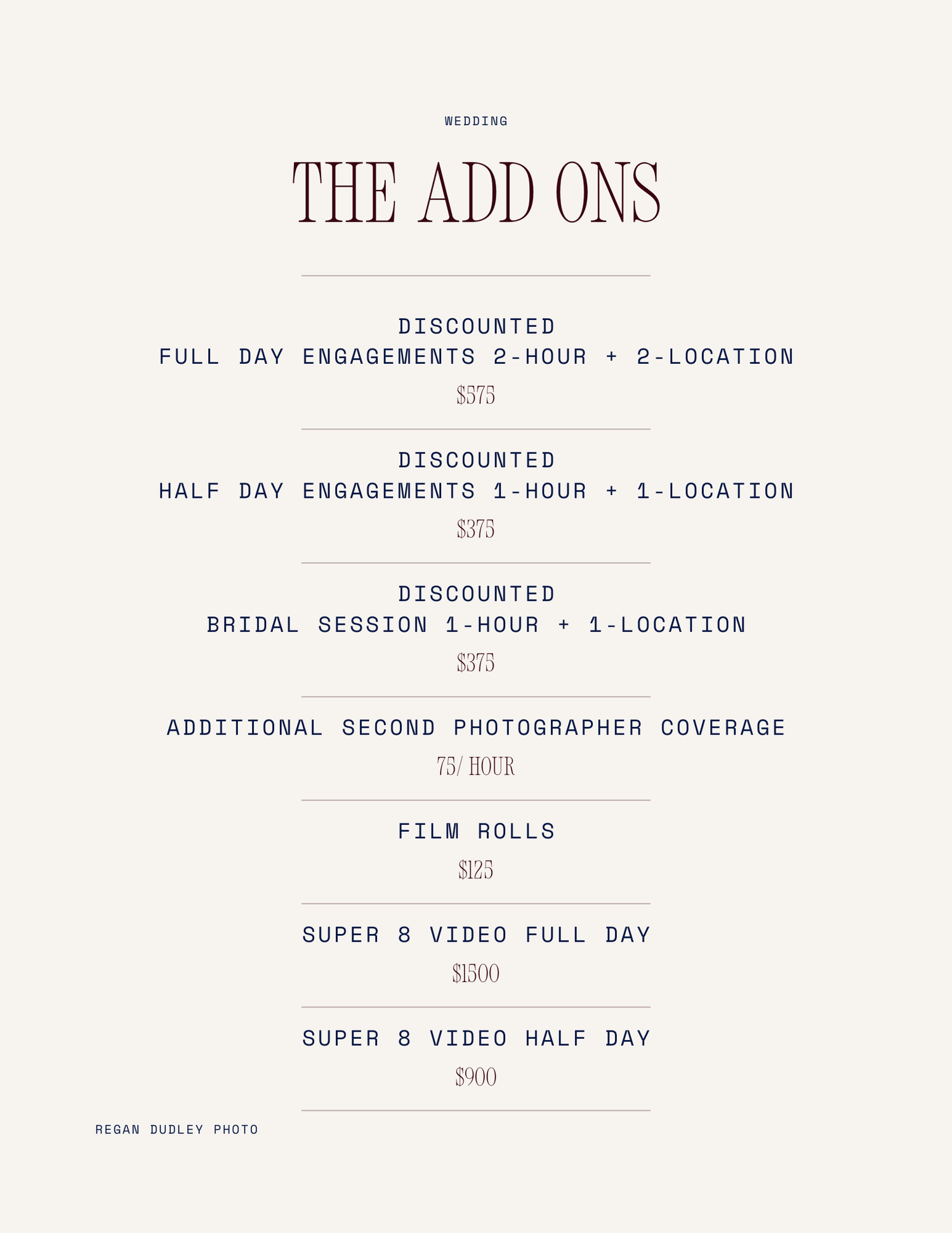 A minimalist pricing menu titled 'The Add Ons' displaying photography packages and film roll options.