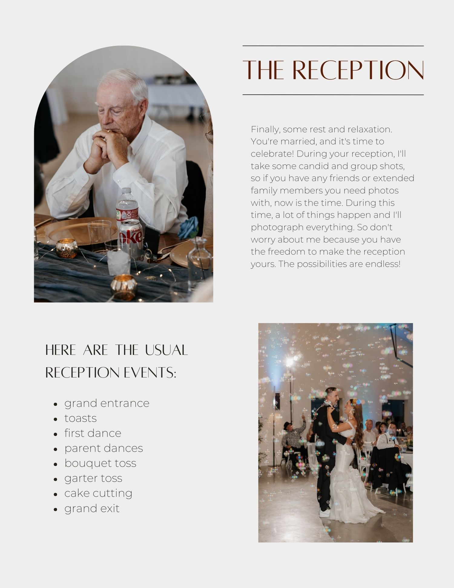 Wedding reception event details layout featuring decorative text, dance floor moments, and cake cutting ceremony highlights.