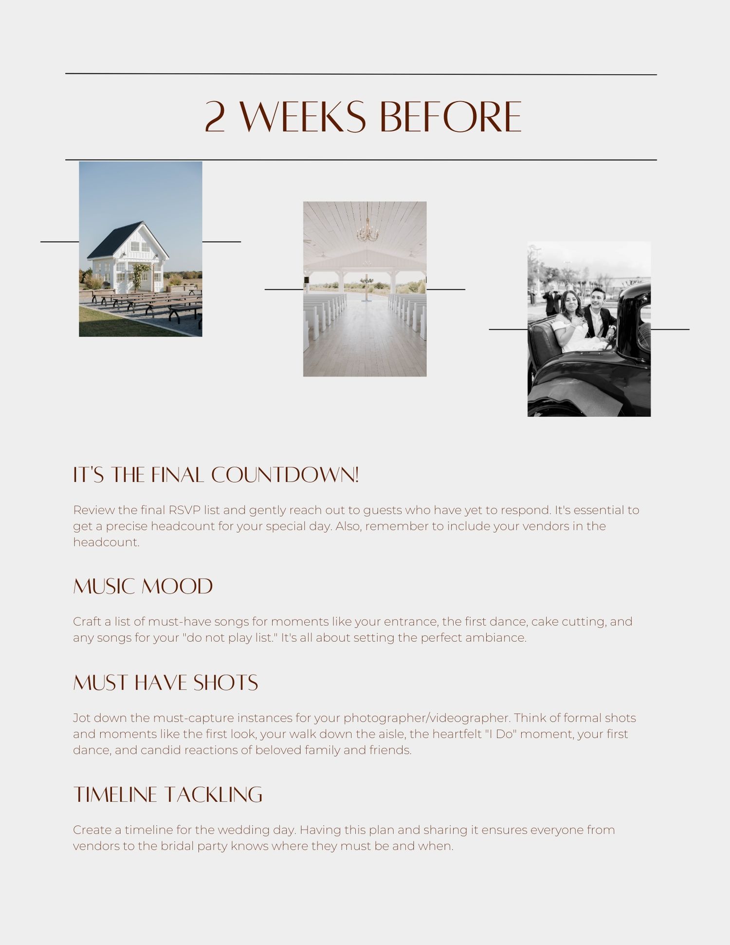 A wedding planning timeline layout showing sections for music, mood and next dance moves on a white background.