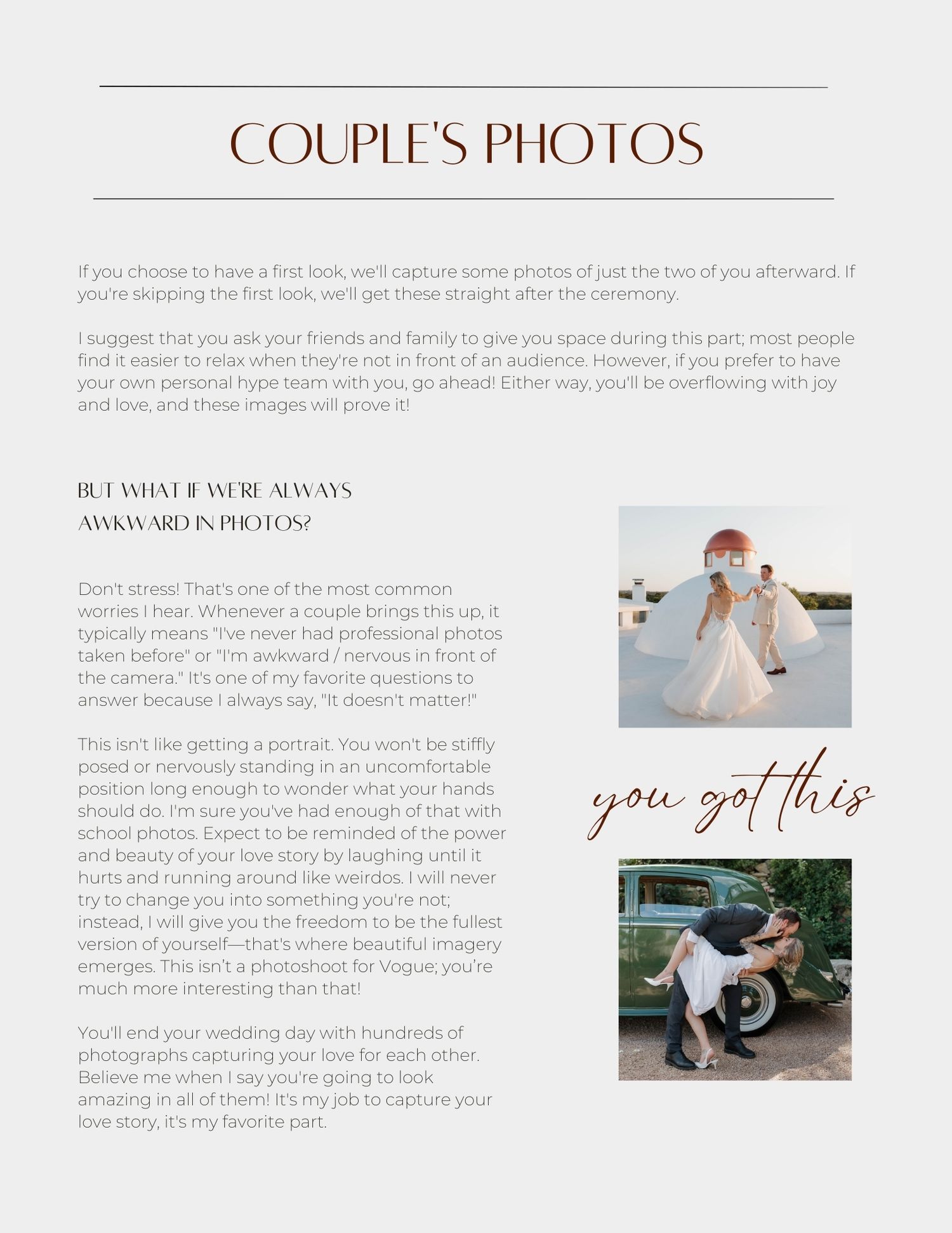 A white and gray wedding photography brochure layout with elegant text and sample photos.
