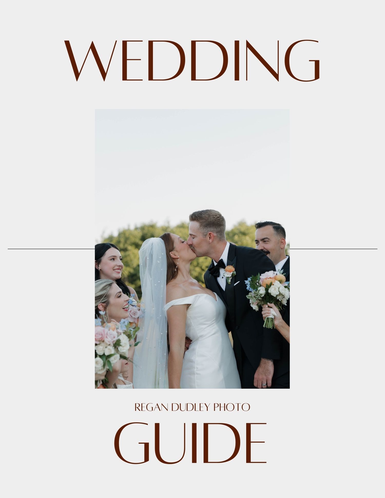 A wedding guide cover design featuring elegant typography and small preview photos of a celebration.