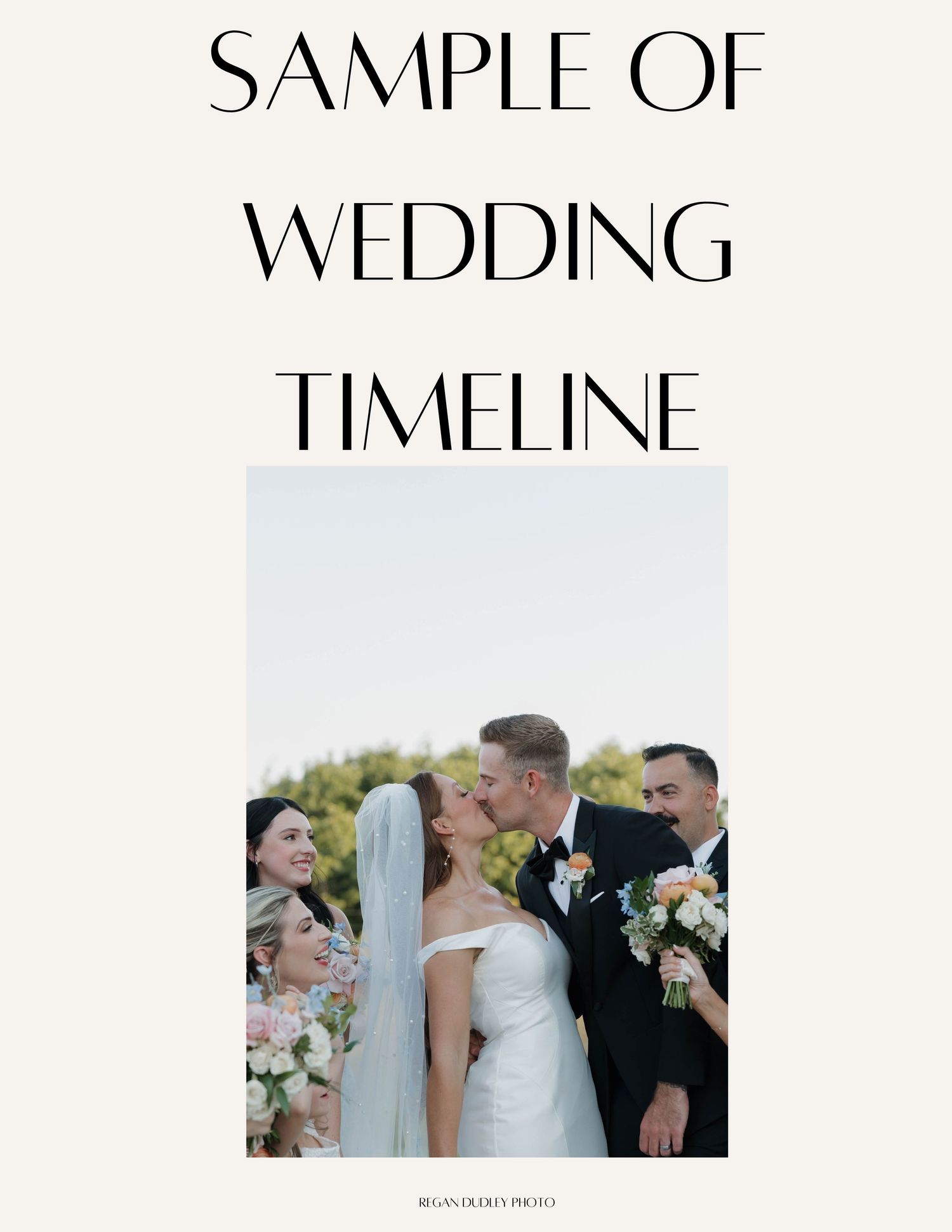 Sample wedding timeline template with decorative text and photo layout.