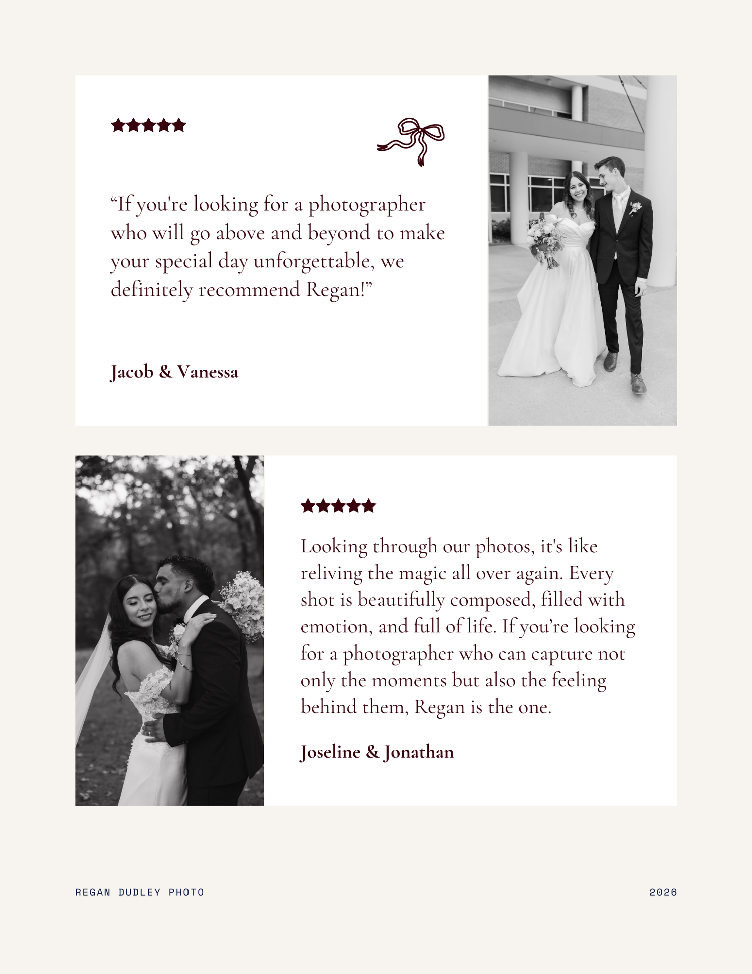 A wedding photography website layout featuring testimonials, black and white photos, and elegant design elements.