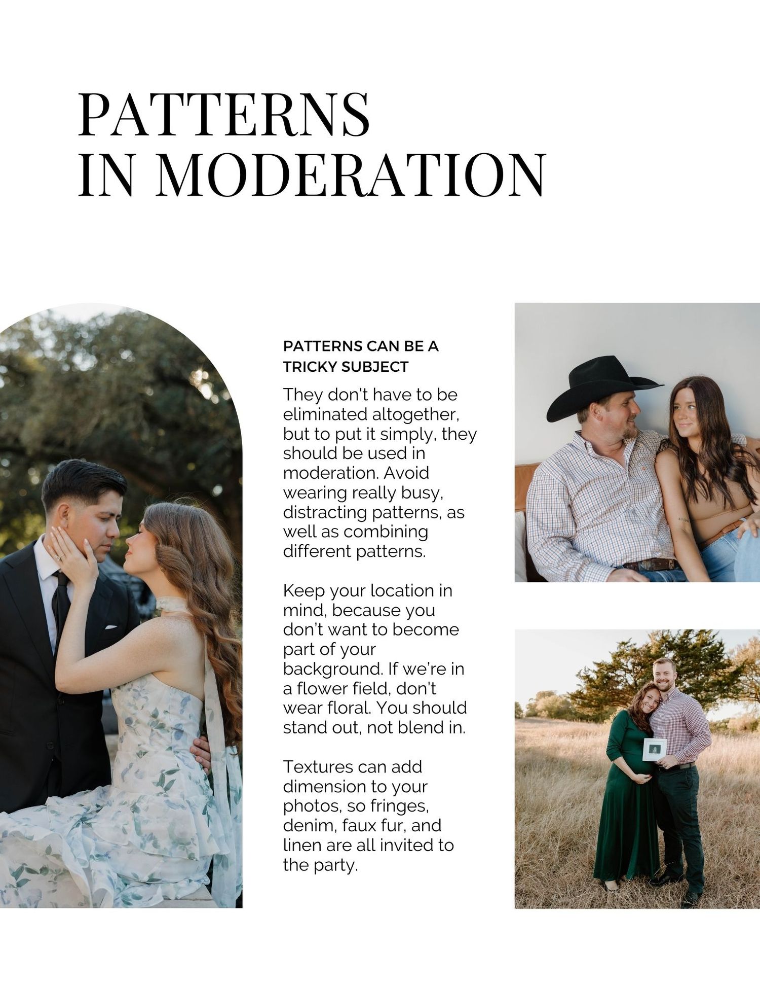 Wedding photography advice page showing tips about handling patterns in photos with example couples in outdoor settings.