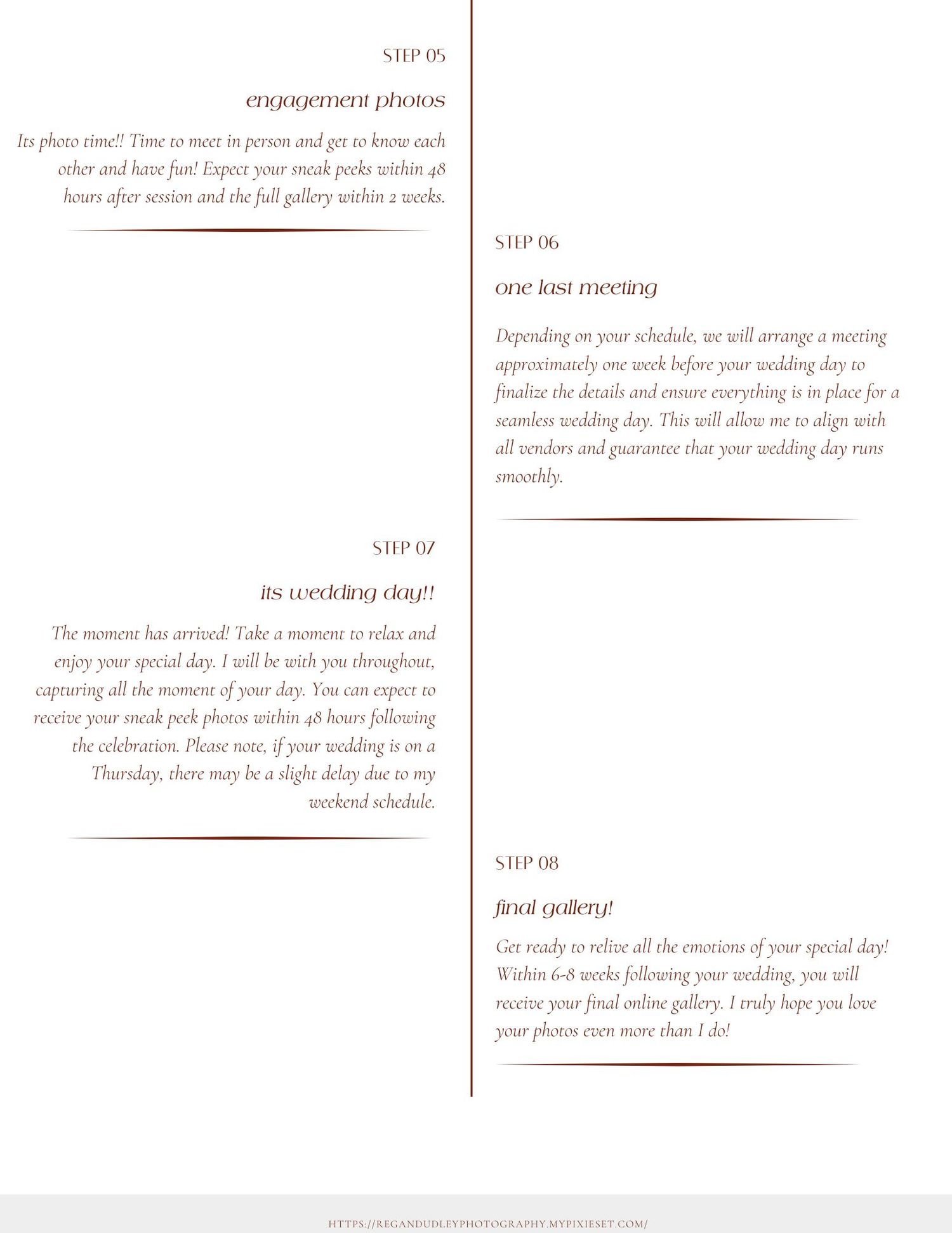 Wedding timeline page layout with steps labeled engagement photos, time to marry, no wedding stress, and final gifts.