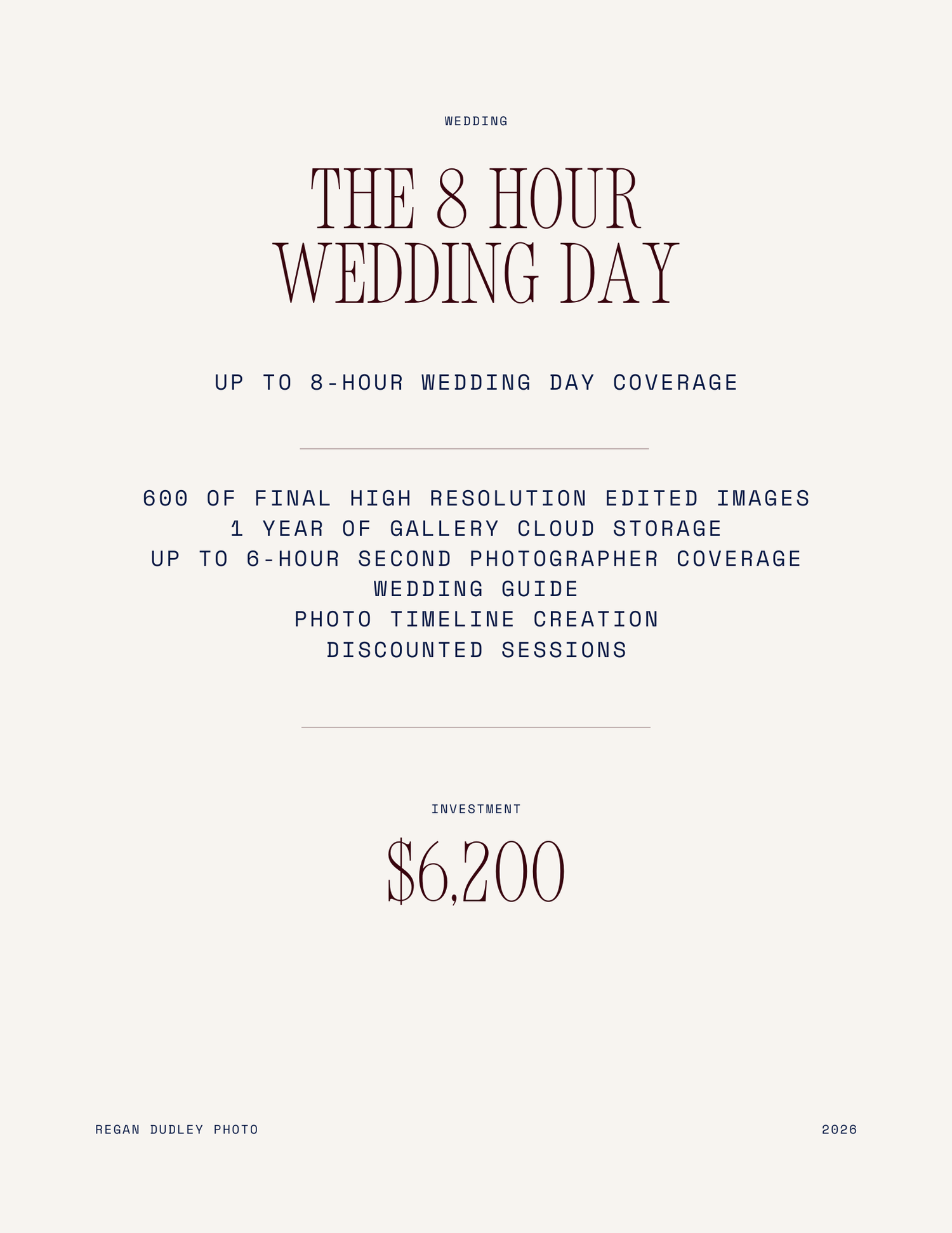Wedding photography pricing information for an 8-hour package with 600 edited images for $6,200.