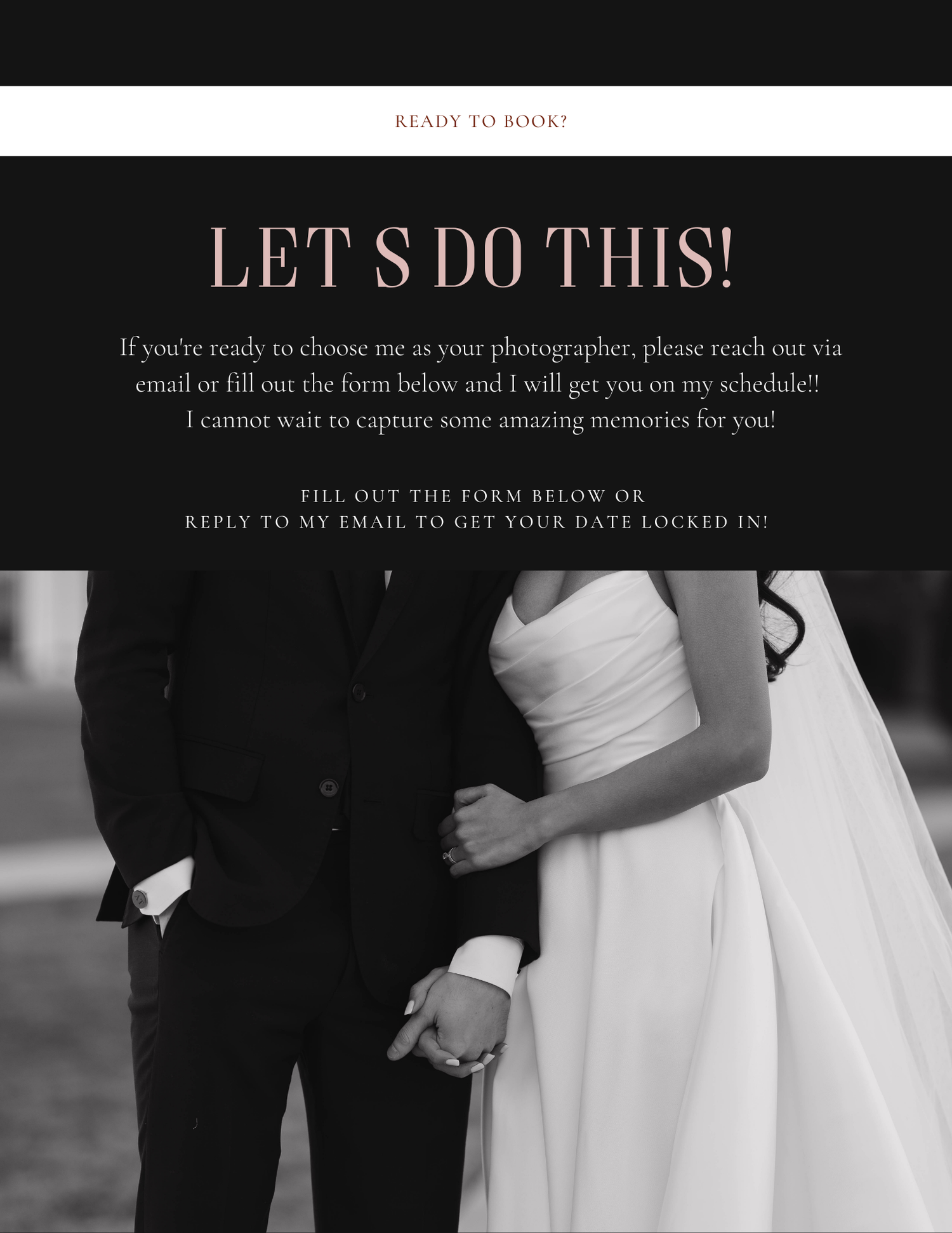 Black and white wedding photo with text overlay inviting clients to book photography services.