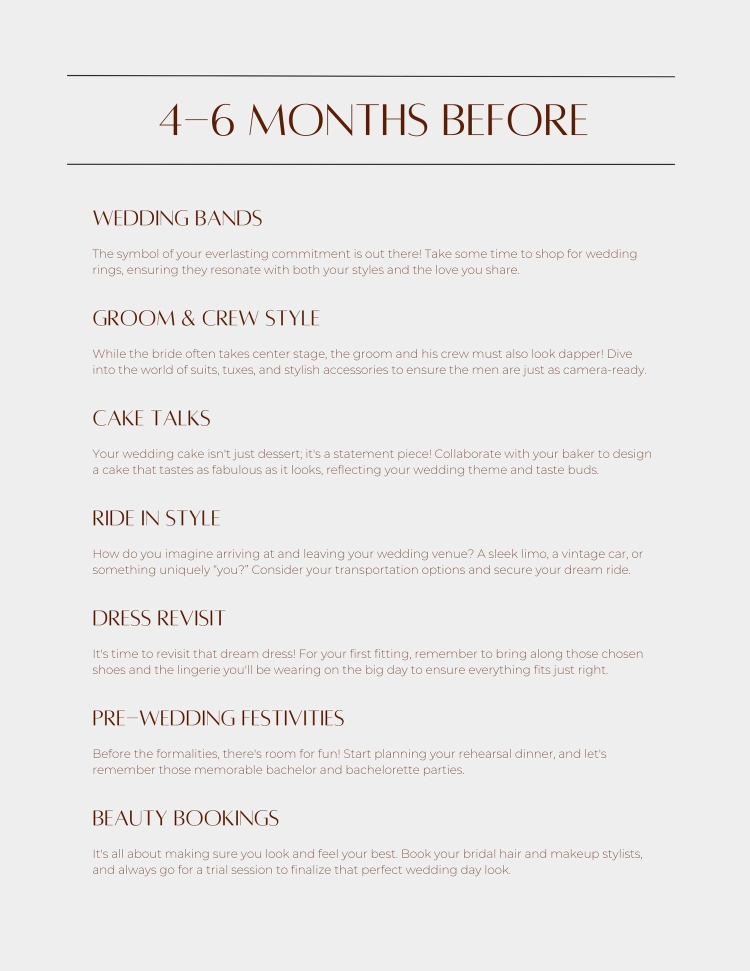 A wedding planning checklist page showing sections for 4-6 months before the wedding including style and beauty bookings.