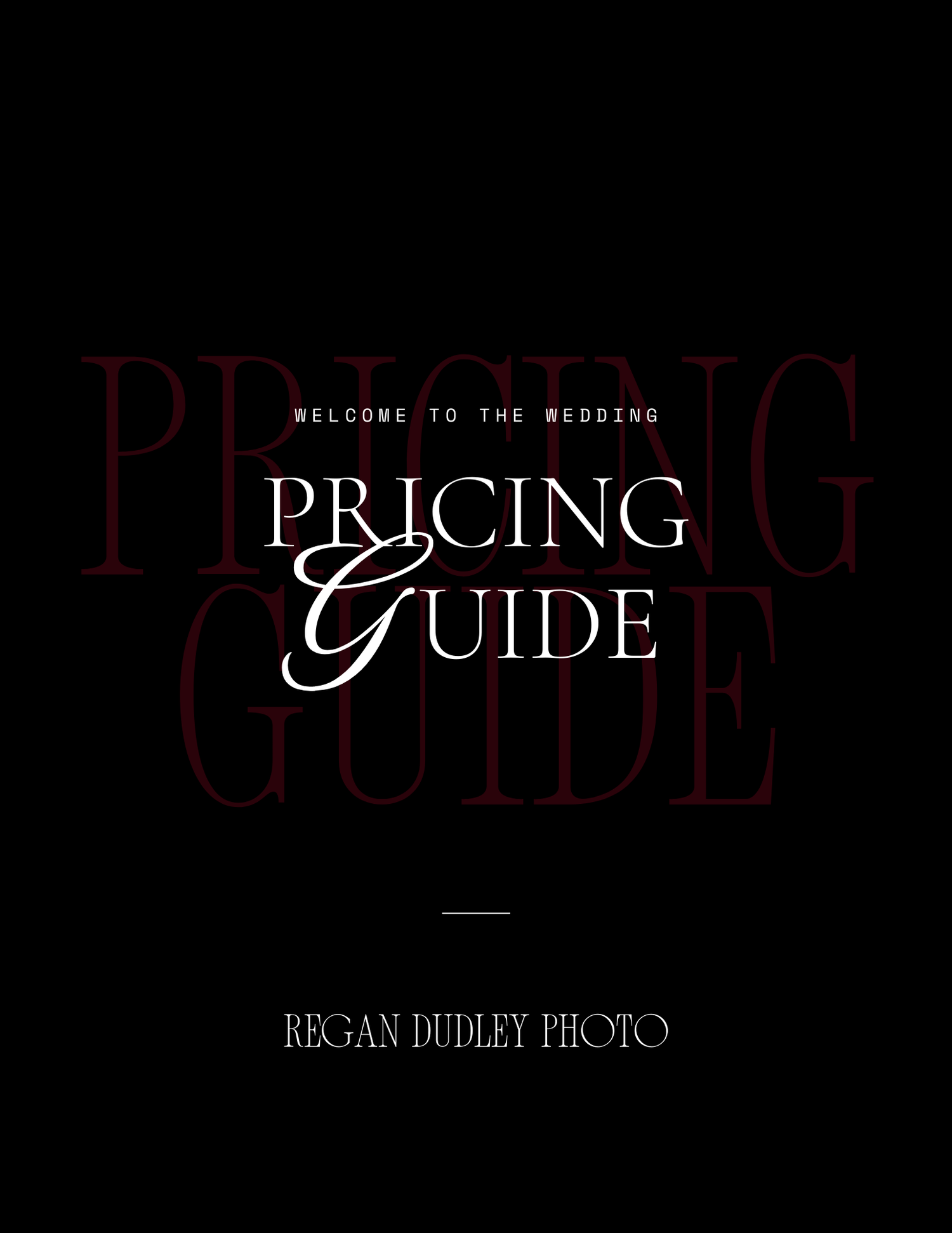 A black and white wedding photography pricing guide cover with elegant typography and branding design.