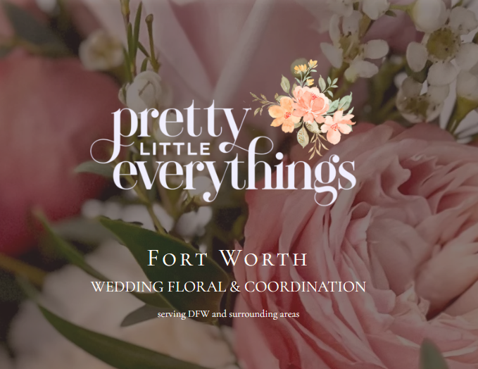 Soft pink floral design banner with elegant text overlays for wedding coordination services in Fort Worth.