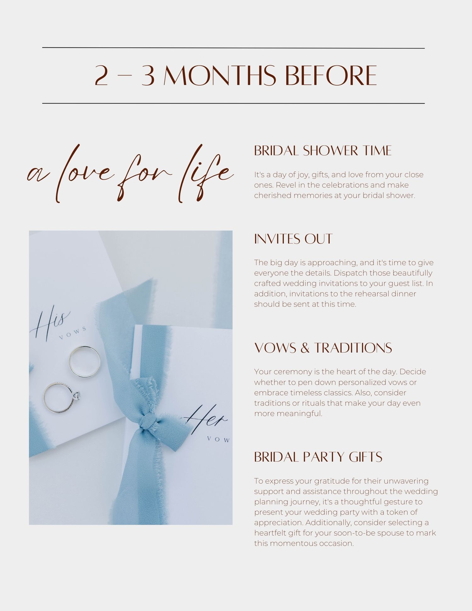 Wedding planning timeline page showing bridal shower and invitation details with a light blue ribbon accent.