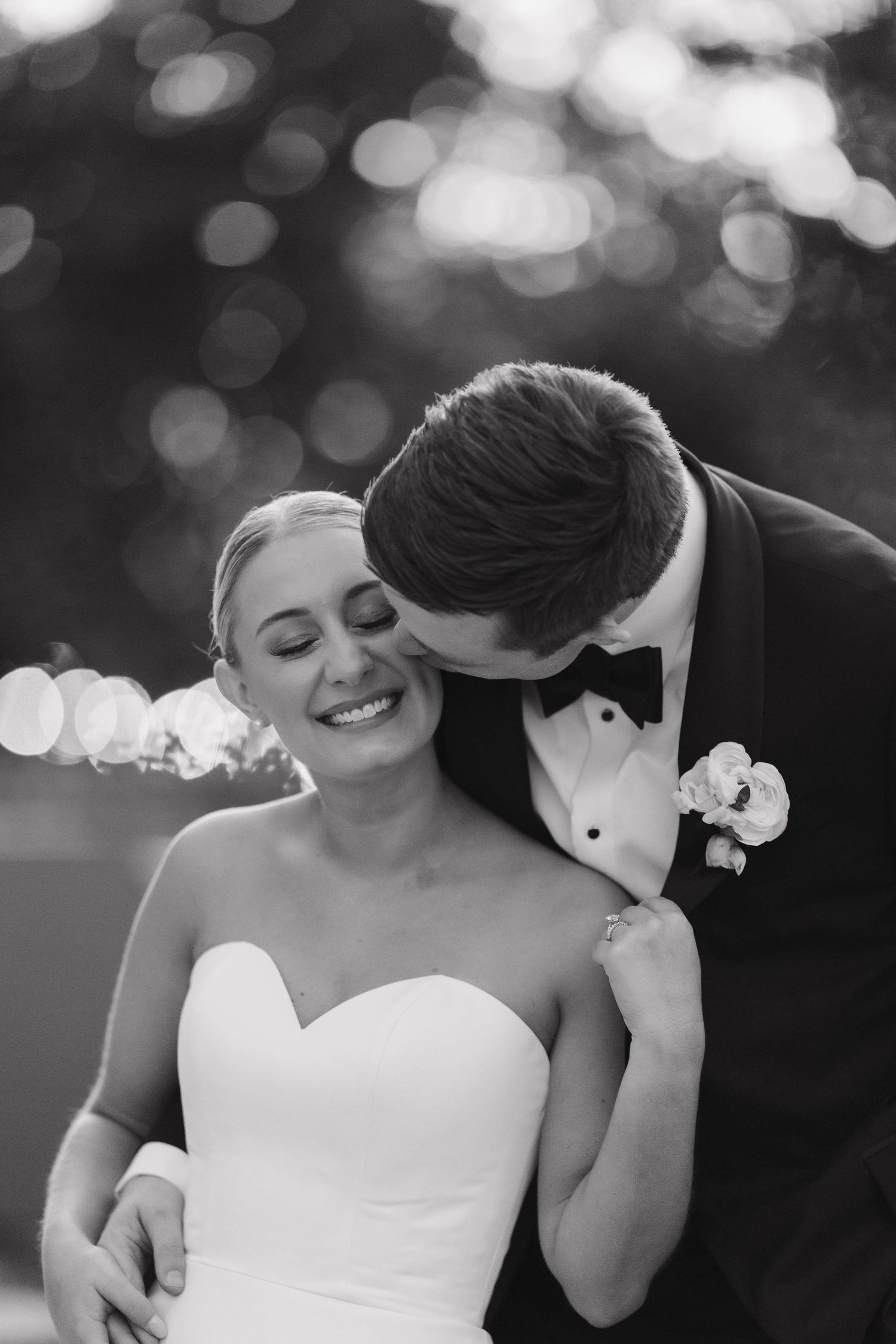 A joyful sequence of candid black and white wedding photos capturing laughter and love.