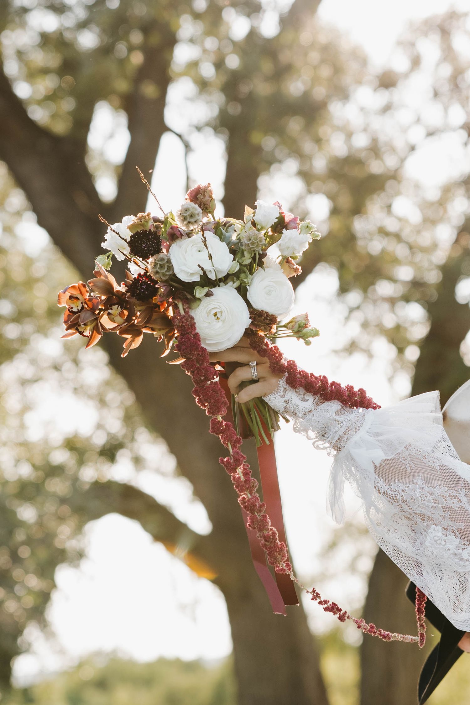 A white lace wedding dress hangs from a tree branch with sunlight filtering through the leaves in a dreamy outdoor setting.