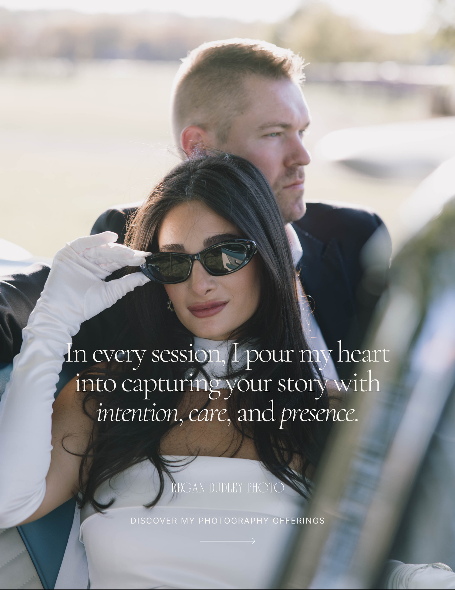 A couple in romantic poses during a wedding photography session with overlaid text about capturing stories with intention.