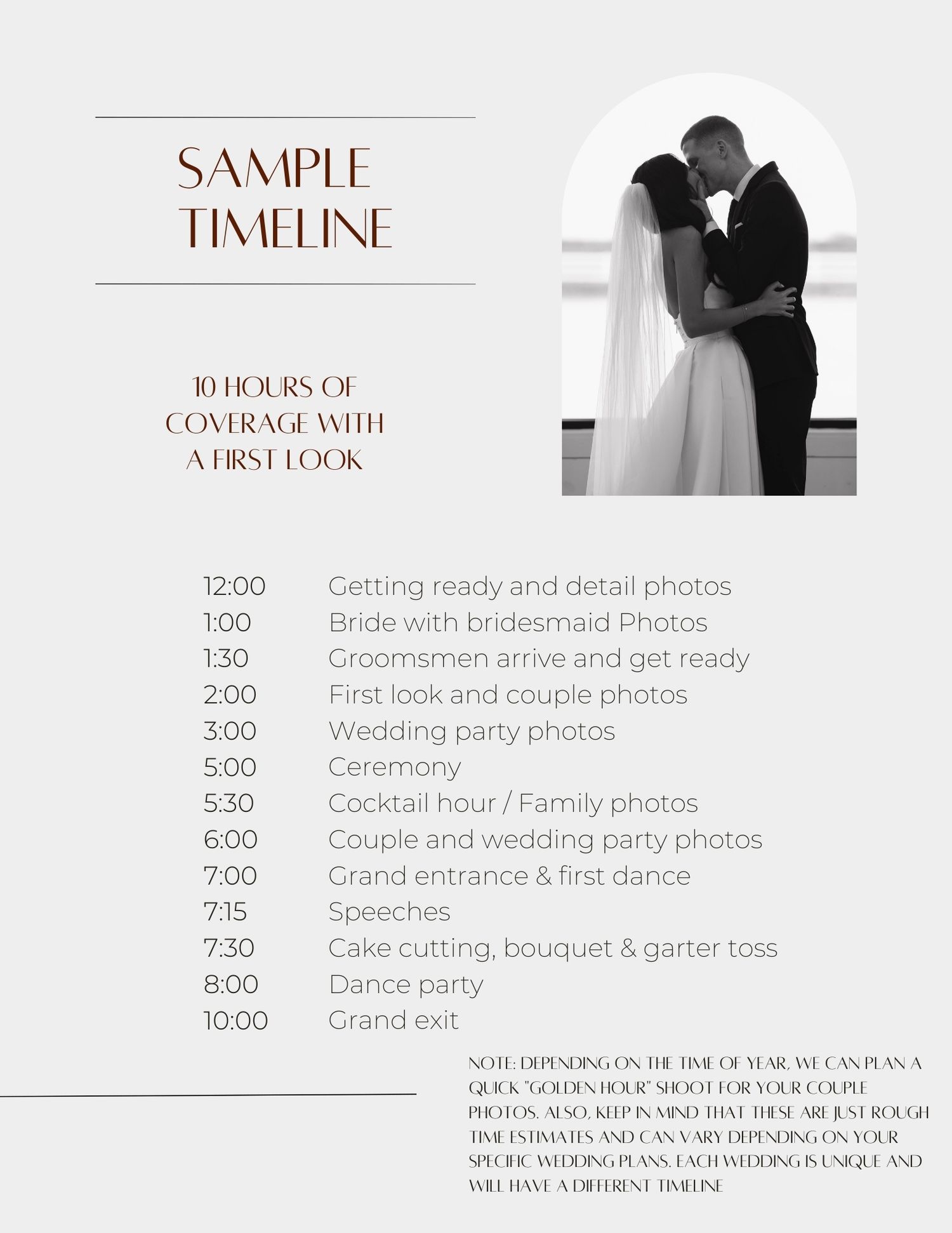 Wedding day timeline sample showing schedule of photography coverage from getting ready through ceremony and reception events.