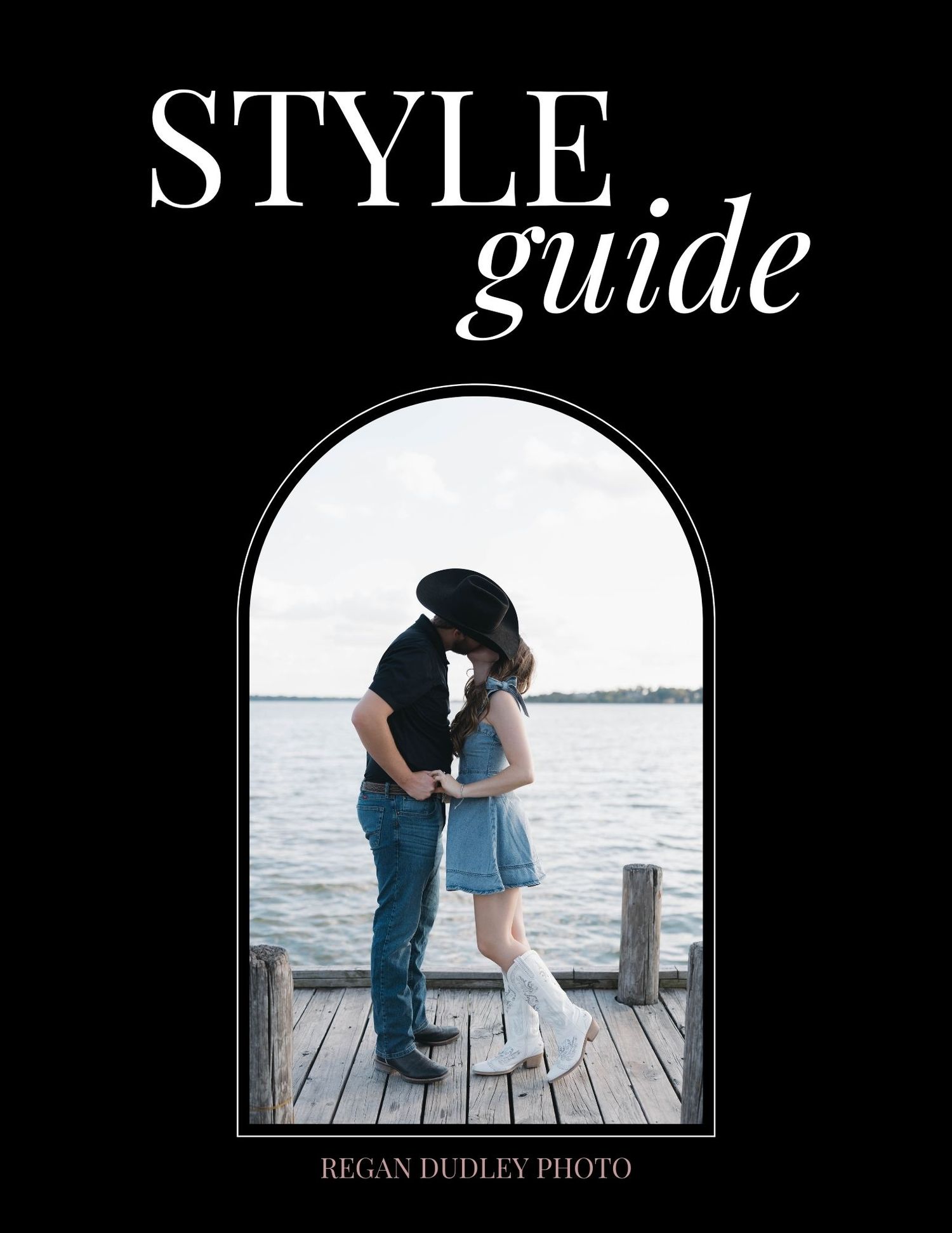 Style guide cover with romantic dock photo framed in arched window design.